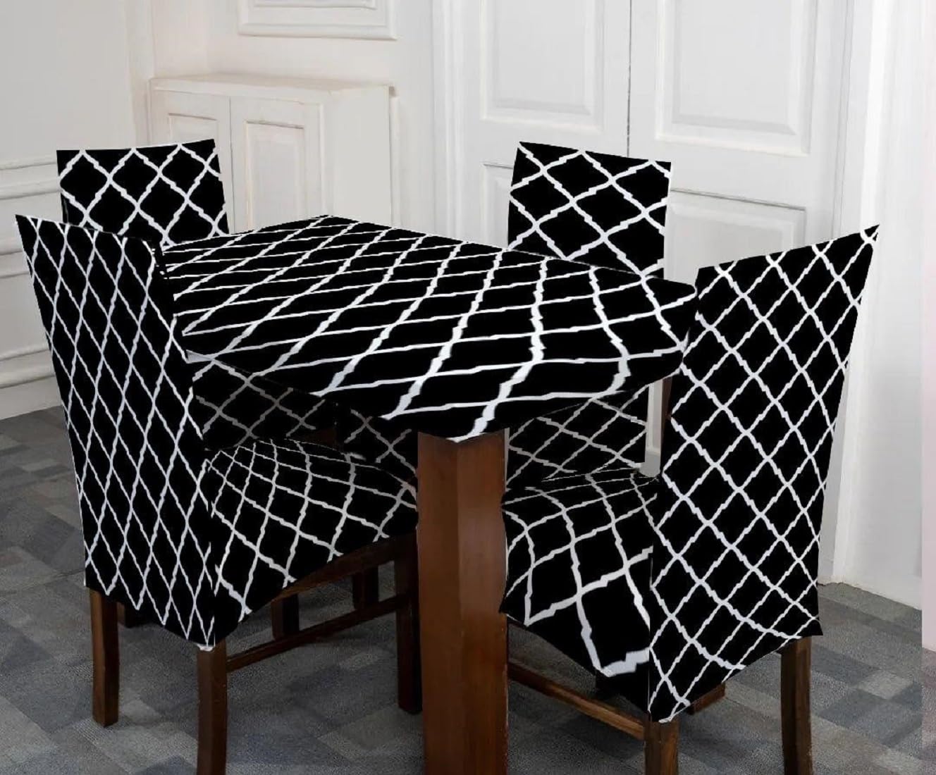 TURIYA Elastic Fitted Polyester Spandex Chair Cover with Matching Table Cover Flexible Slipcover Stretch Removable Washable Dining Chair Cover Protector for Home; Black Diamonds; (4 Seater)-image-43