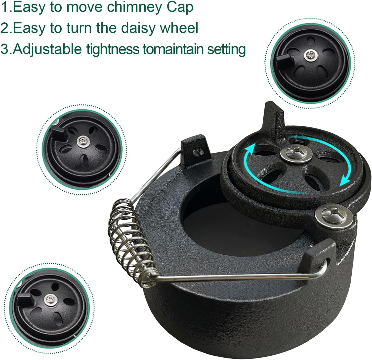 Cast Iron Cap for Big Green Egg Dual Function Metal Top, Daisy Wheel Chimney Cap for Small/MiniMax Big Green Egg Accessories Replacement