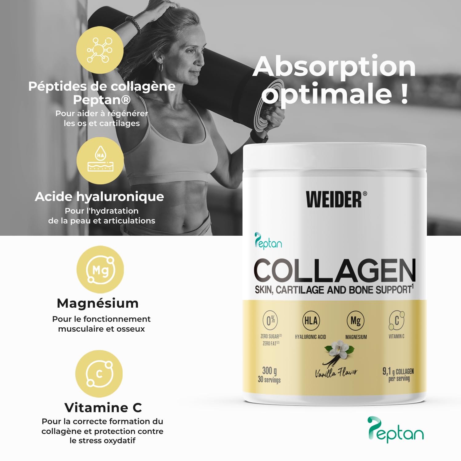 Weider Collagen PACK DUO (2x300g) Goût Vanille. Peptides Collagène Hydrolysé type I en Poudre 100% Peptan avec Acide Hyaluronique, Magnésium, Vitamine C, Sans Sucre, Pour Peau, Cartilage, Os, Cheveux