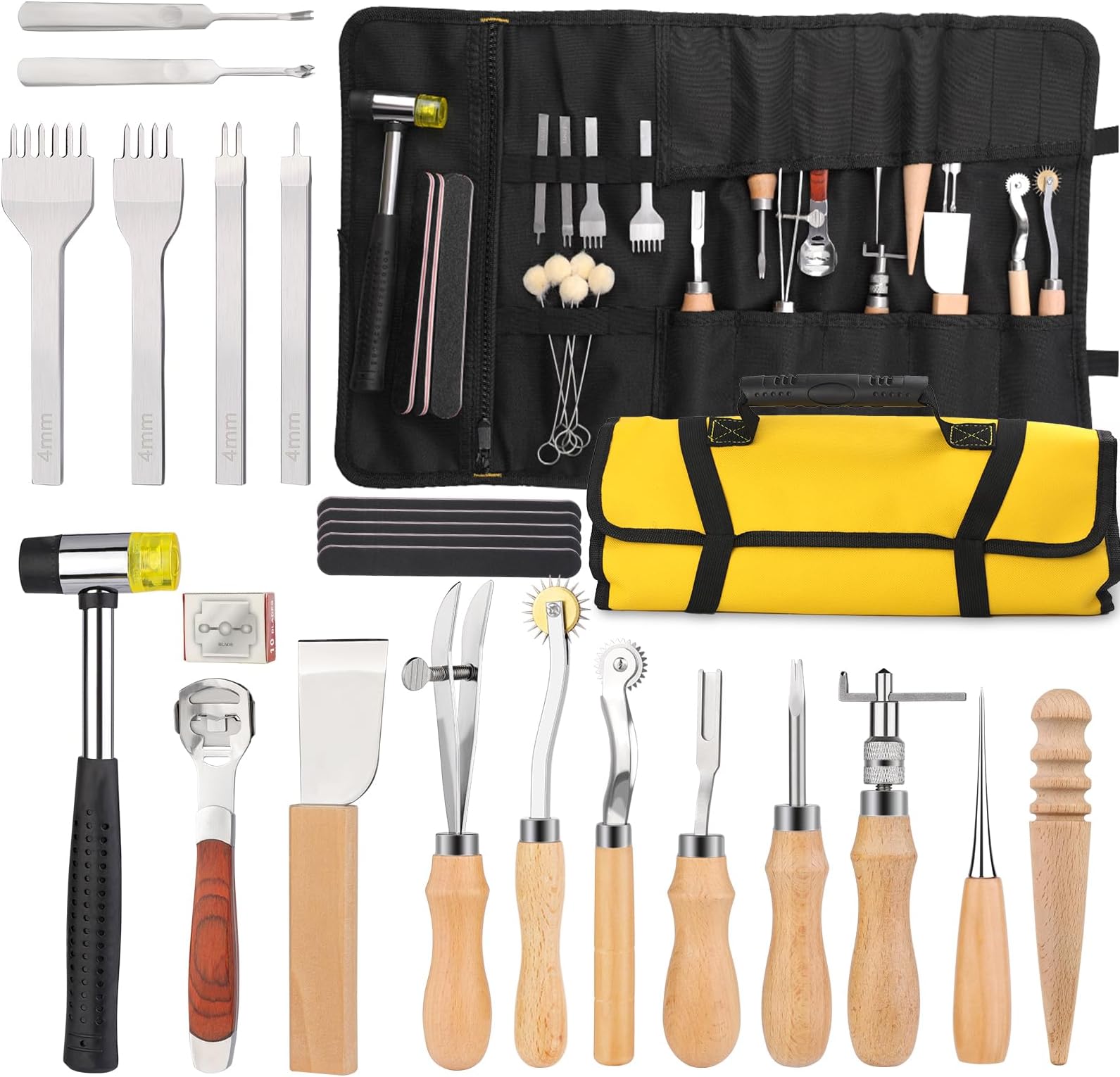 Leather Crafting Tools Leather Working Kit Tool Kit Working Tool Kit with Prong Punch, Hammer, Stitching Groover, Leathers Skiver for Leathers Making Projects