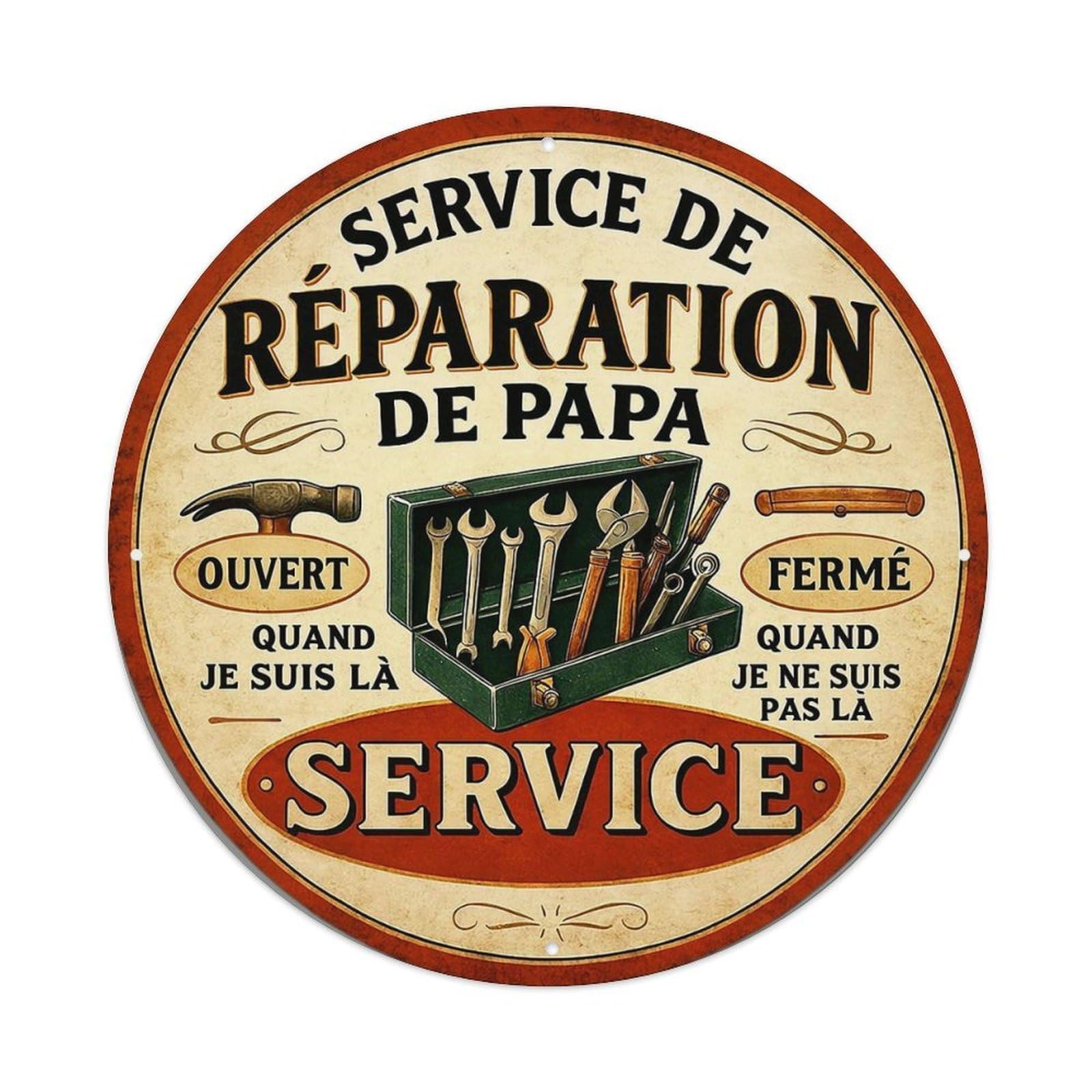 Service De Reparation De Papa Vintage Round Tin Sign Retro Metal Wall Decor Metal Poster, Home Bar Garage Cafe Wall Art Decoration 8x8Inches