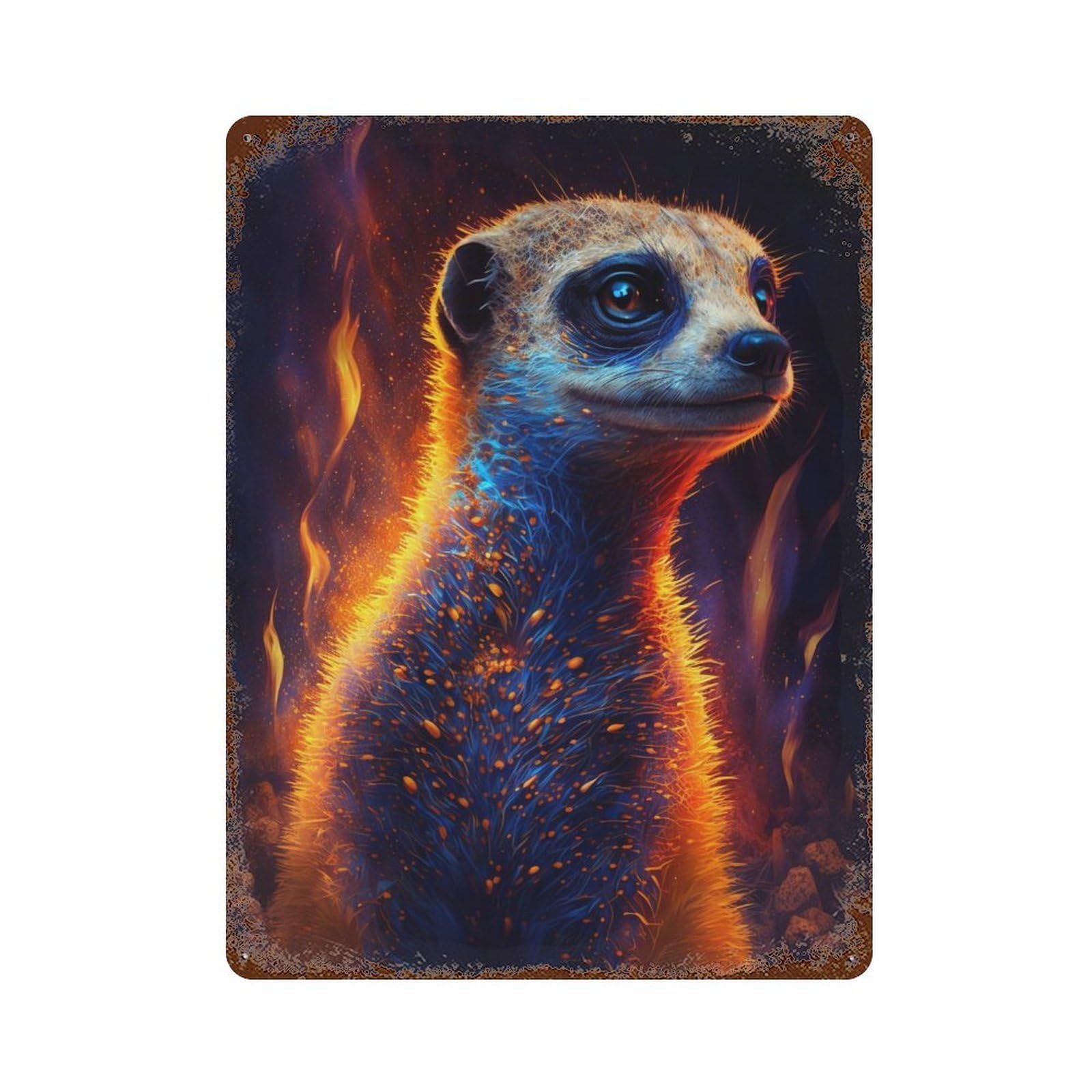 Distressed Metal Wall Sign with Meerkat with Fire Aura Design 15.7"x11.8", for Cafe, Home Bar And Lounge Decor, Retro Wall Decor