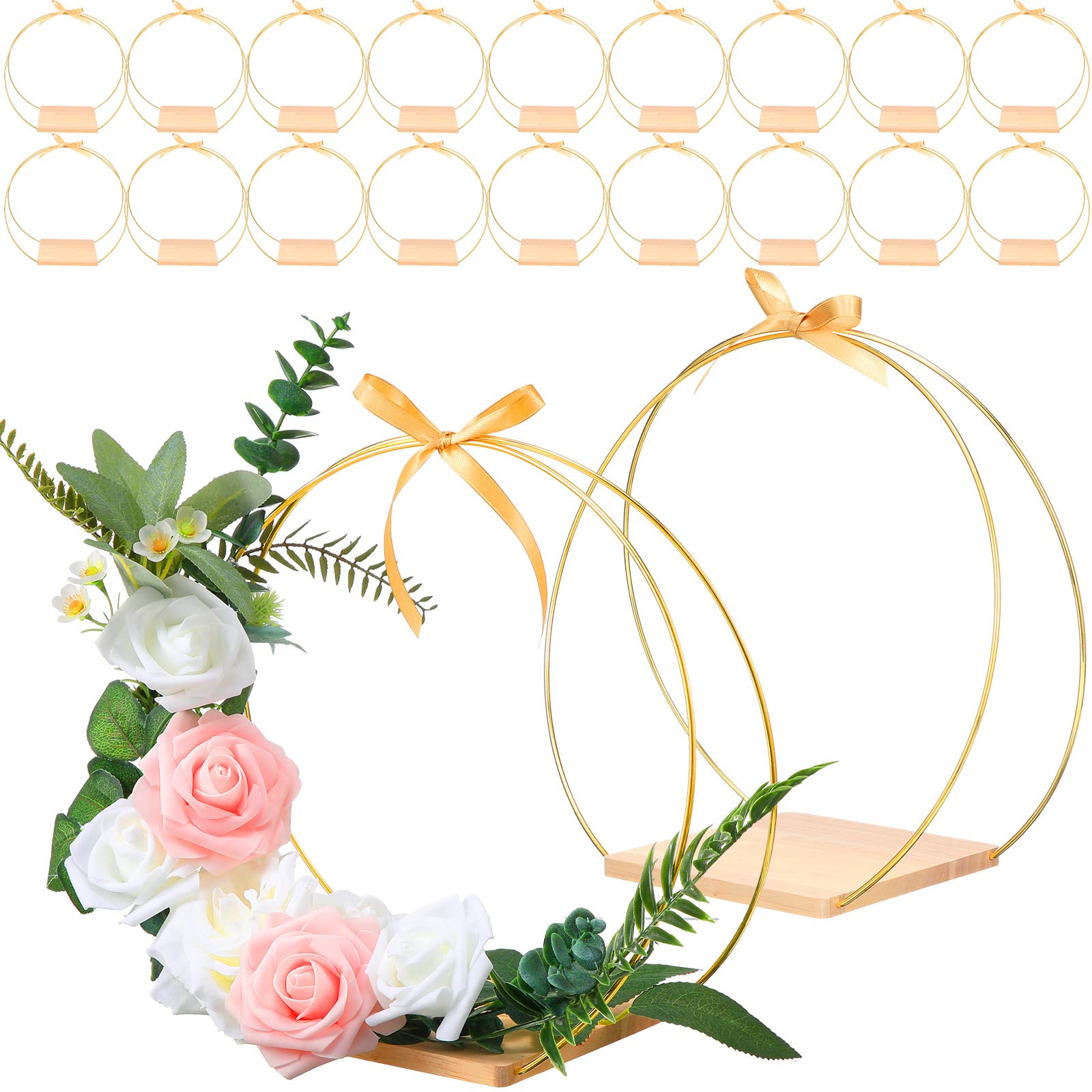 20 Pcs 12 Inch Metal Floral Hoop Centerpiece with Stand Gold Hoop Wreath Rings with Wood Stand Golden Ribbon and Black Silicone Mat for DIY Christmas Crafts Wedding Party Table Decoration