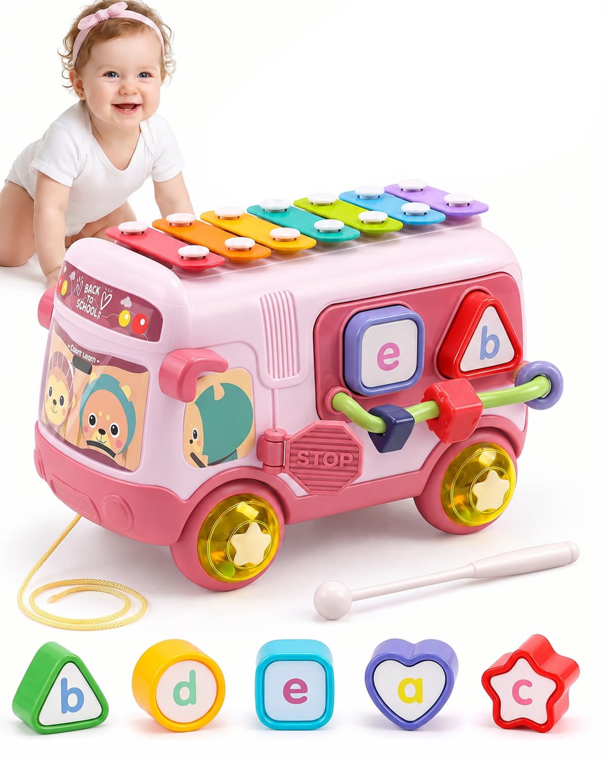 Toys for 1 2 Year Old Girls, Musical Pull Along Bus with Xylophone & Shape Sorter, Sensory Activity for Toddlers, Early Learning Motor Skills Development, Birthday for Girls Boy, Pink