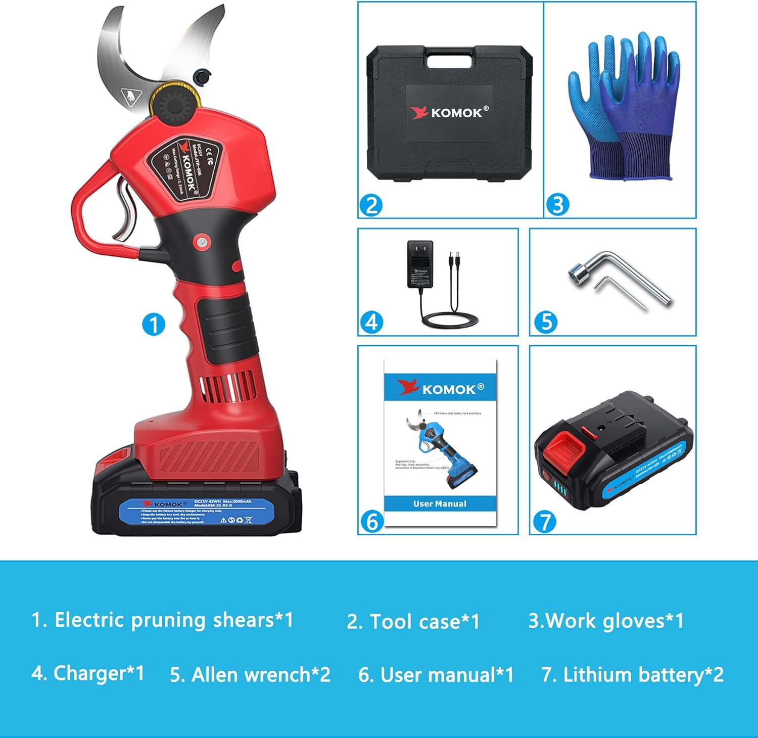 KOMOK Electric Pruning Shears, Professional Cordless Pruning Shears with 2pcs 2Ah Battery Powered Tree Branches Pruner, 30mm 1.2" Cutting Rnage, 6-8 Working Hours