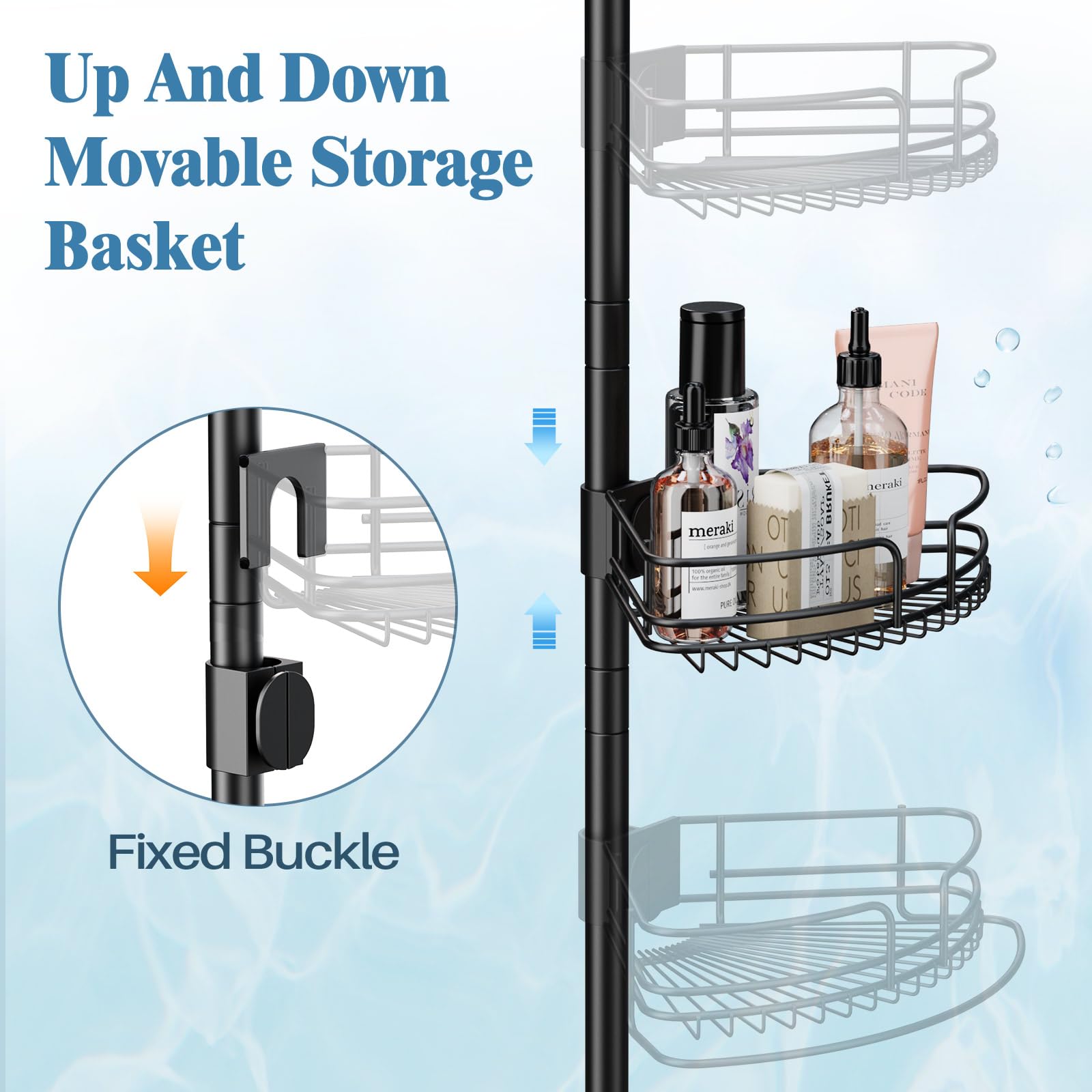 PKBD Etagere Douche Telescopique Sans Percage, Hauteur Réglable de 58,5 à 317,5 cm, Étagère d'angle Douche Avec 4 Paniers, Noir