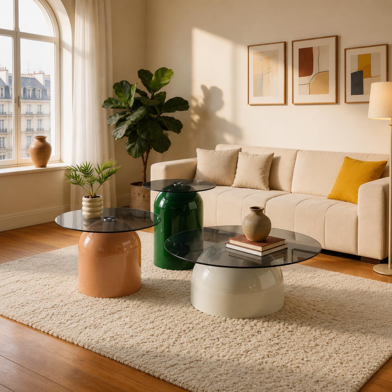 Mesa de centro redonda de 70 cm, mesa de cristal con cristal de seguridad y marco de acero al carbono, mesa de sofá moderna para sala de estar, salón, oficina y cafetería (gris, C)