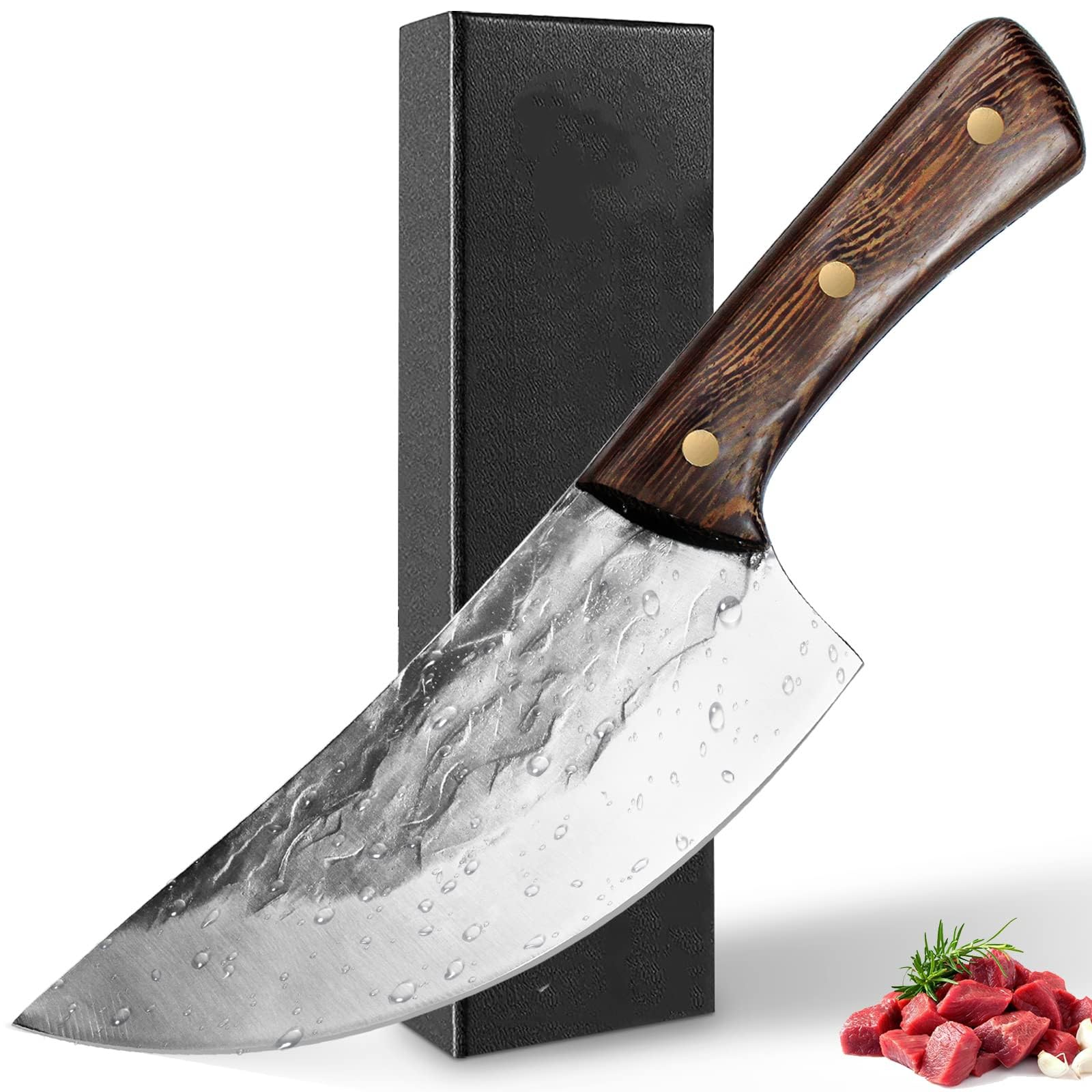 cuspitum Butcher Knife, Cleaver knife for Meat Cutting - 7'' Sharp Multi-Purpose Meat Cleaver Forged in Fire for De-Boning/Slicing/Cutting/Mincing at Slaughter House/Restaurant/Kitchen