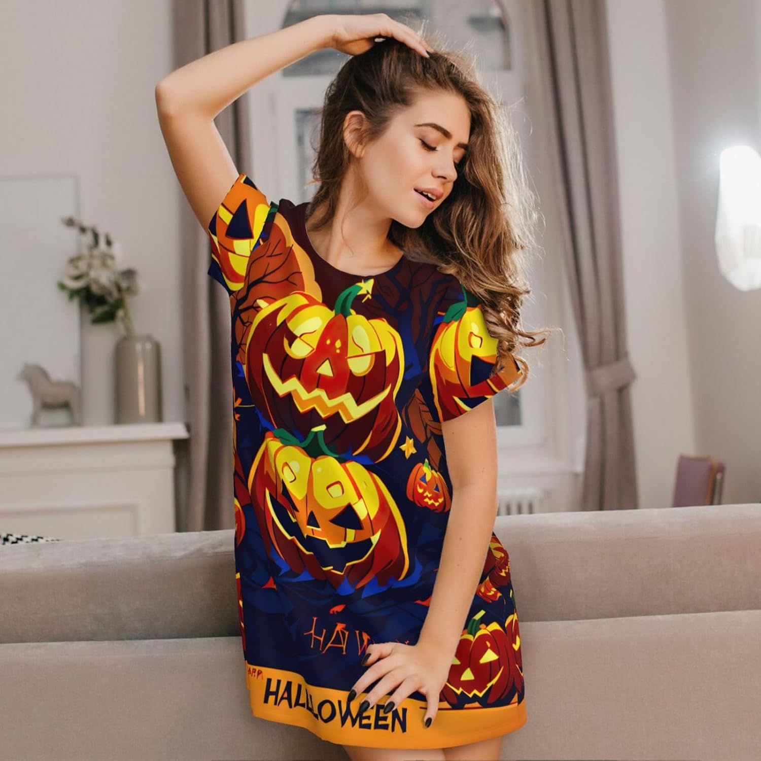 Halloween Pumpkin Print Women’s Short Nightgown,Knee-Length Sleepshirt For Summer,A-Shape Ladies Sleepwear