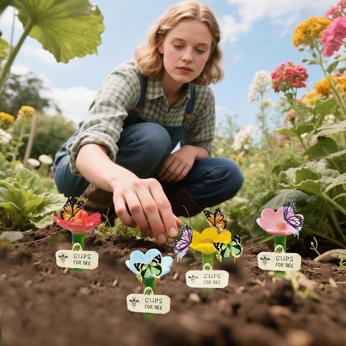 Flower Bee Waterer Bee Watering Stations with Stake Base Hygienic Thirsty Pollinators Feeder Colorful Flower Shaped Garden Pollinators Drinking Cups for Lawn Driveway Farm Patio (4PCS) - 5