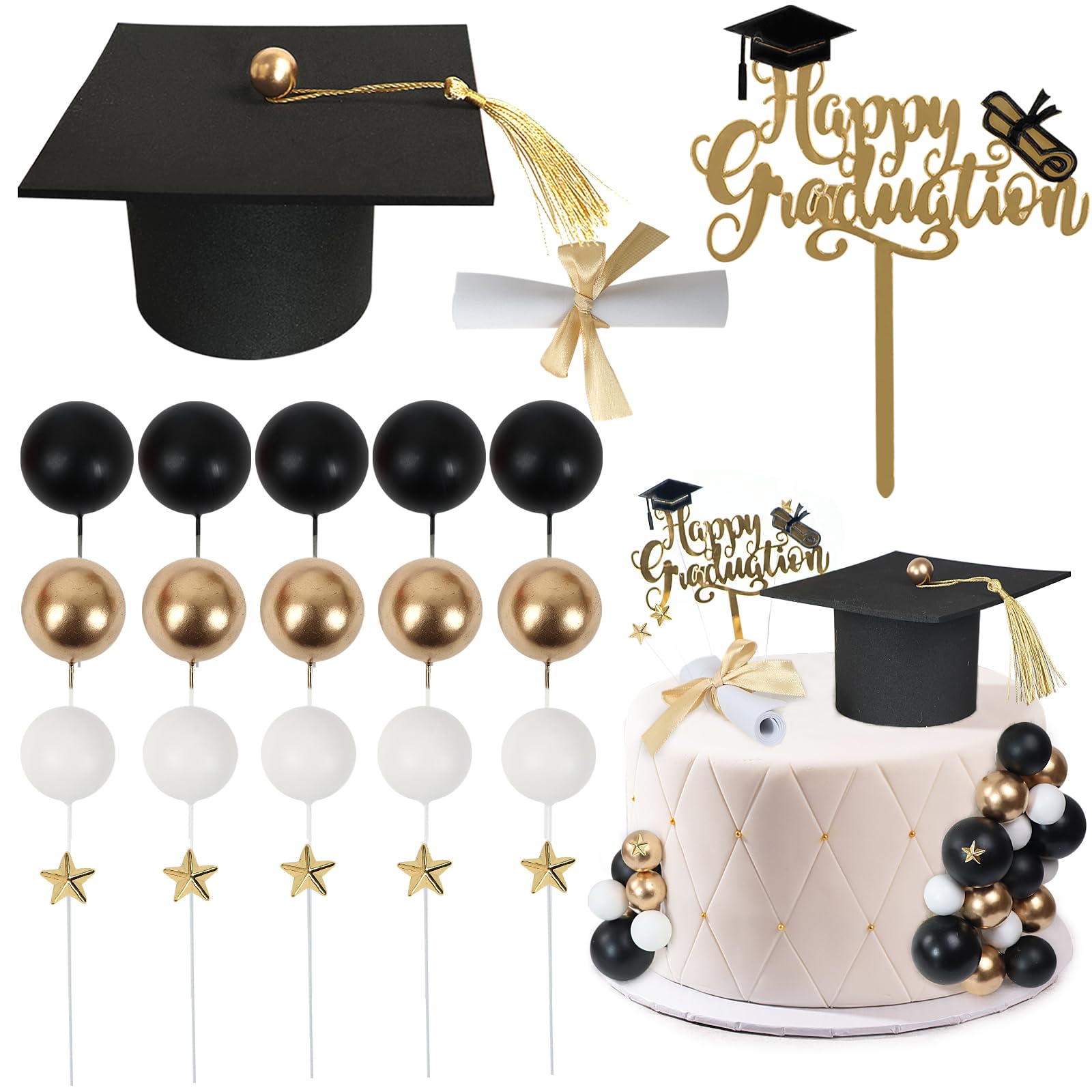 Acmee Graduation Cake Toppers - Graduations Cap Diploma Balls Congrats Grad Cake Decorations for 2026 High School College Senior Graduation Supplies (
