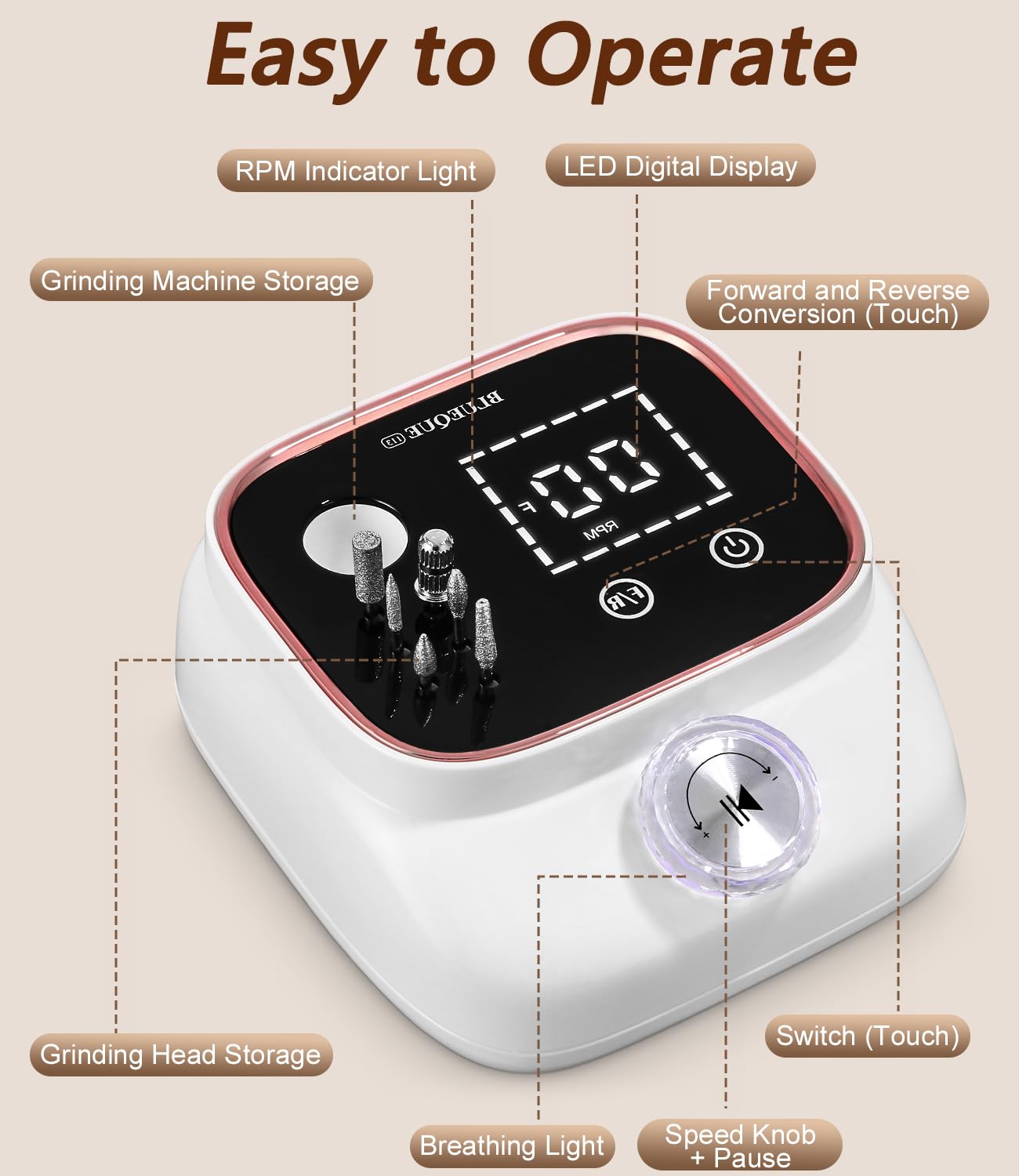 Zawaer Ponceuse pour Ongles 45,000RPM, Professionnelle Lime A Ongle Electrique, Ponceuse Ongles avec Écran LCD, Ensemble d’accessoires Kit avec Manucure Pédicure, pour Salon, Usage Maison Or Rose