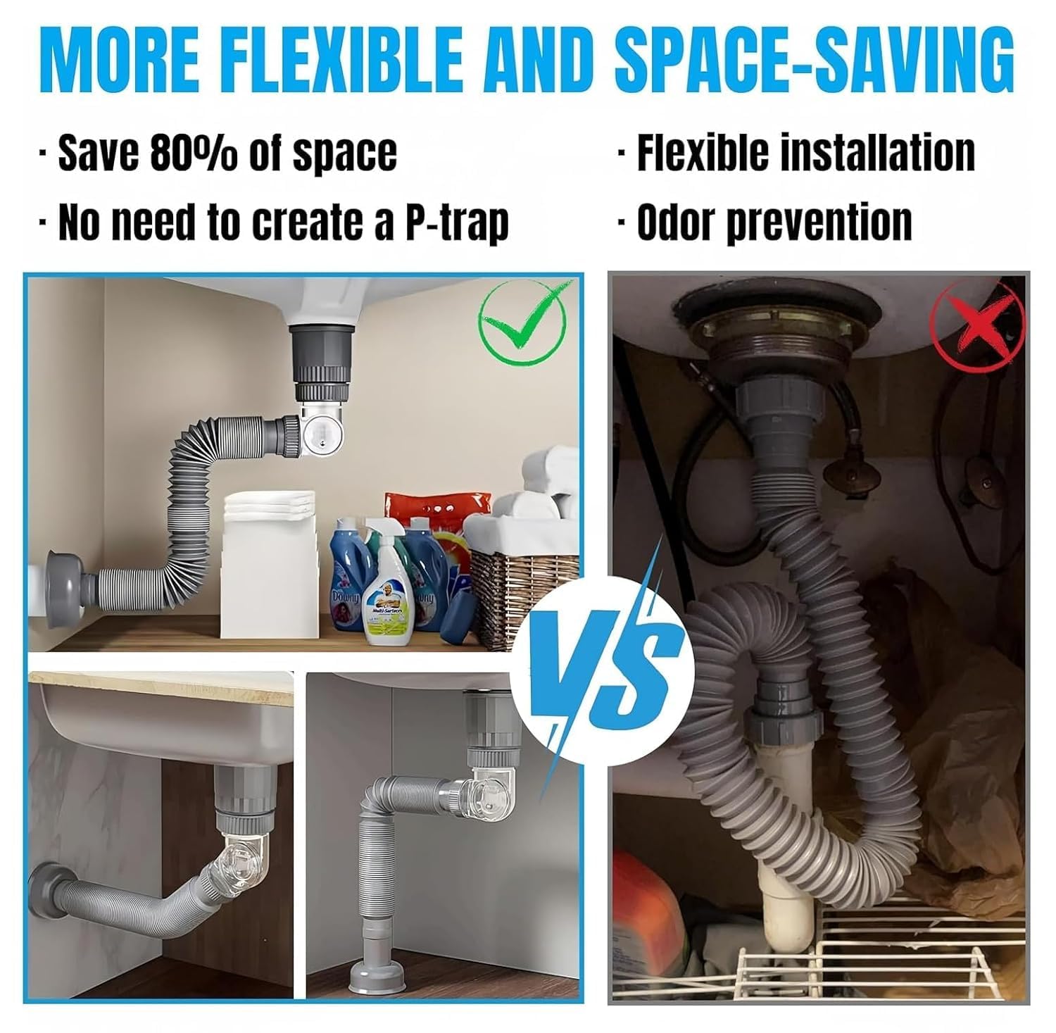 Wickston Adjustable Anti-Odor Sink Drainage Pipe Kit – Flexible Universal Waste Pipe with 304 Stainless Steel Strainer Plug, Rubber Sealing Gasket & Connector Nut – Fits Bathroom & Kitchen 4