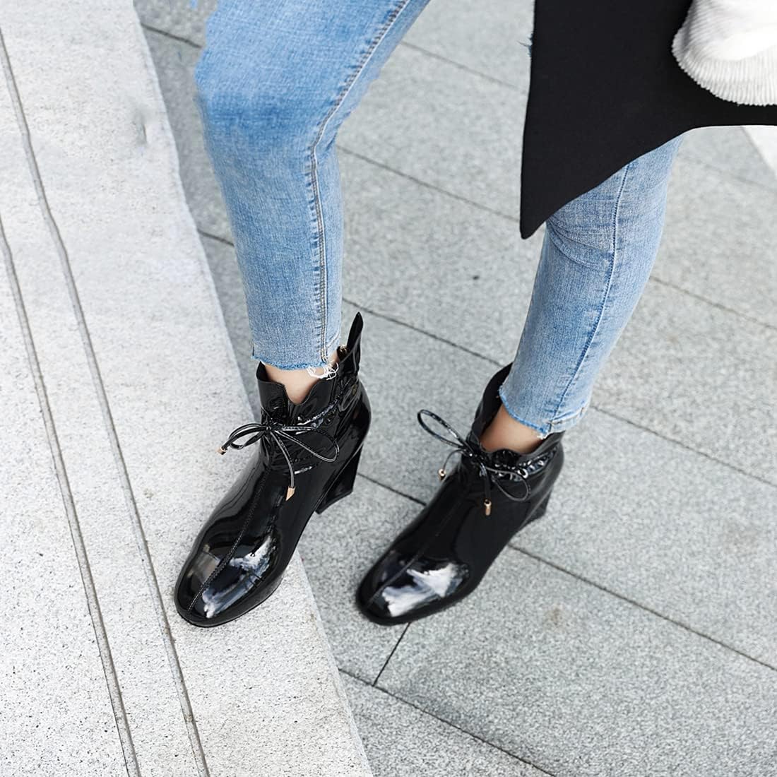 VOKLIN Women's Square Toe Dressy Ankle Boots Patent Leather Lace Up Zipper Chunky High Heel Short Booties