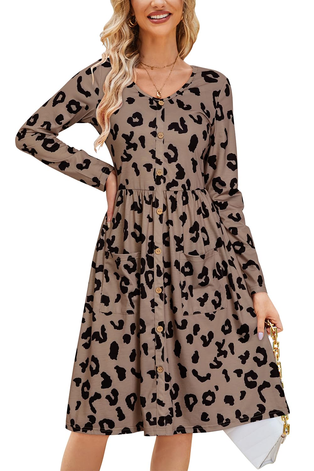 OUGES Women's V Neck Button Down Skater Dress with Pockets