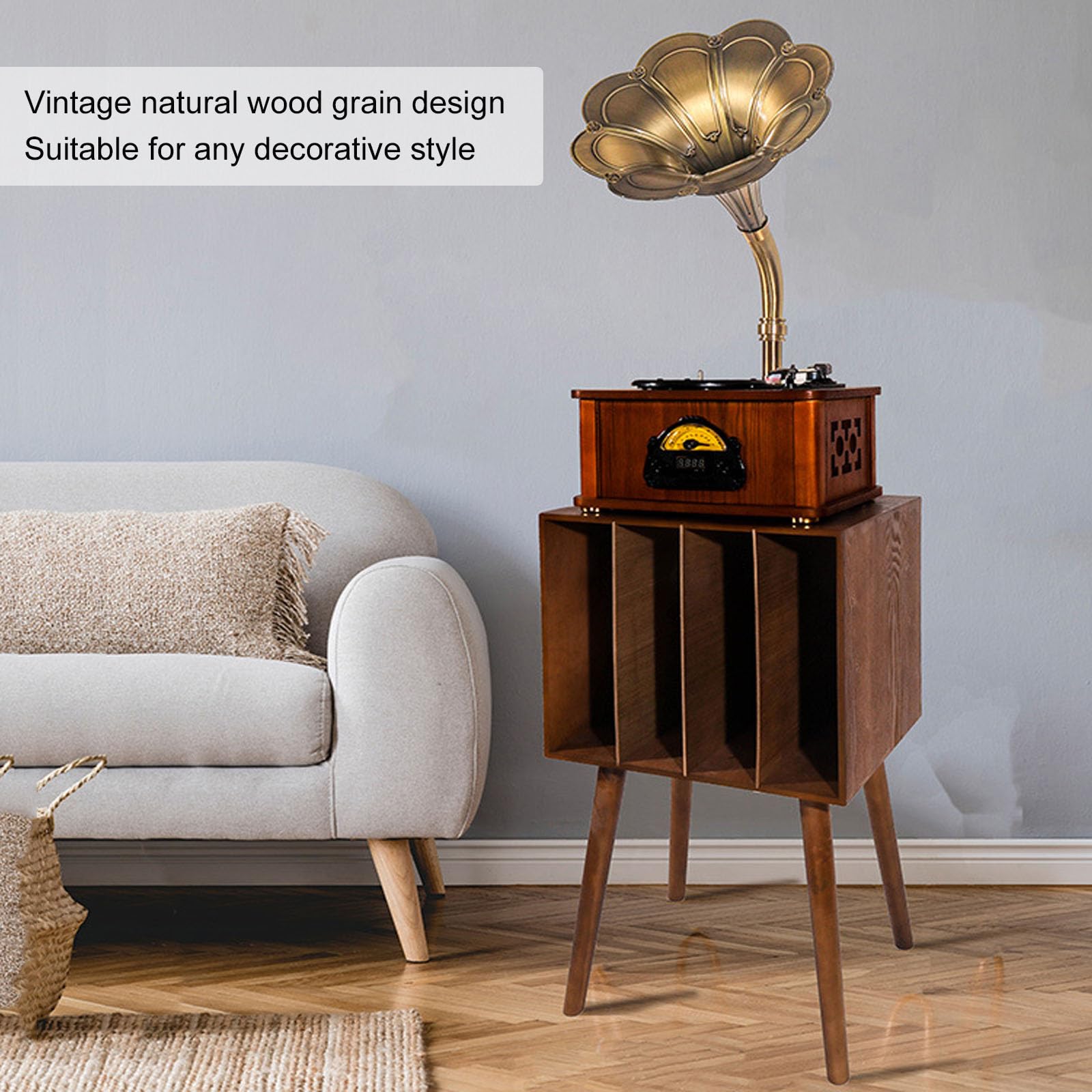 Supporto per giradischi in legno, tavolo per giradischi in vinile con 4 armadietti per contenere 100 album, supporto girevole metà secolo con gambe in legno, mensola per esporre dischi per camera da