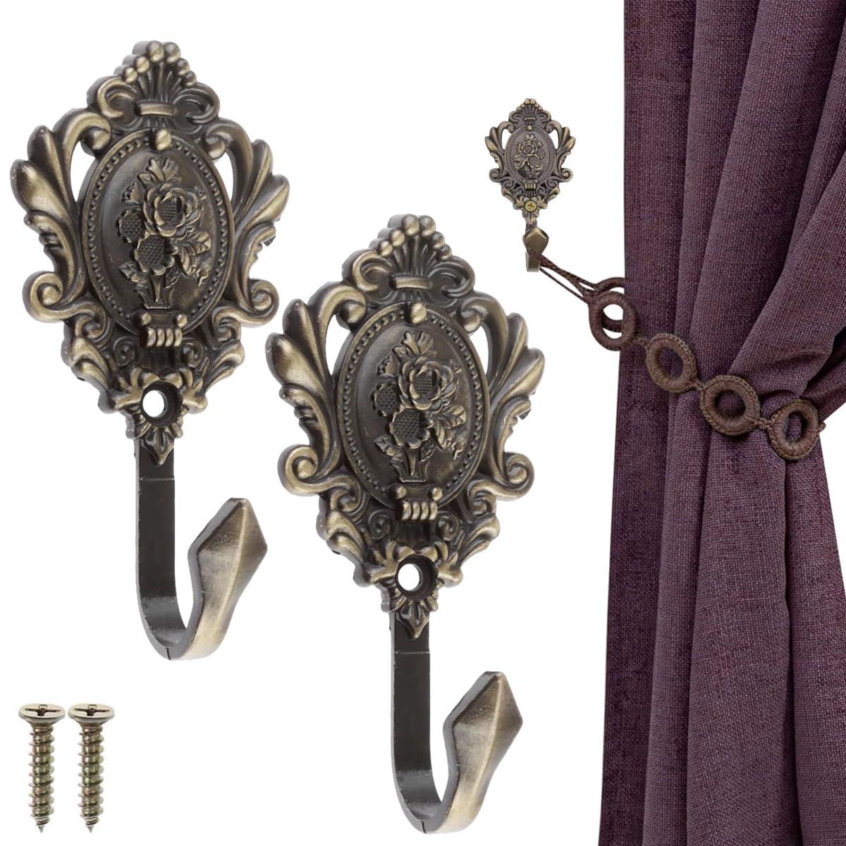 HASTHIP® 2Pcs Vintage Zinc Alloy Wall Hooks, Decorative Carved Design, Multipurpose Hooks, Used to Hang Clothes, Bags, Coats, Curtain Hold Backs and Keys (Antique Cyan)-image-44