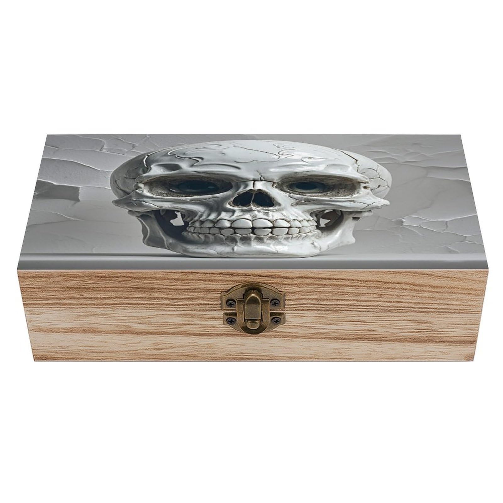 FekiLoot White And Gray Skull Graphics Wooden Storage Box Exquisite Wood Keepsake Box Vintage Wooden Gift Jewelry Case for Crafts And Photo Storage Boxes