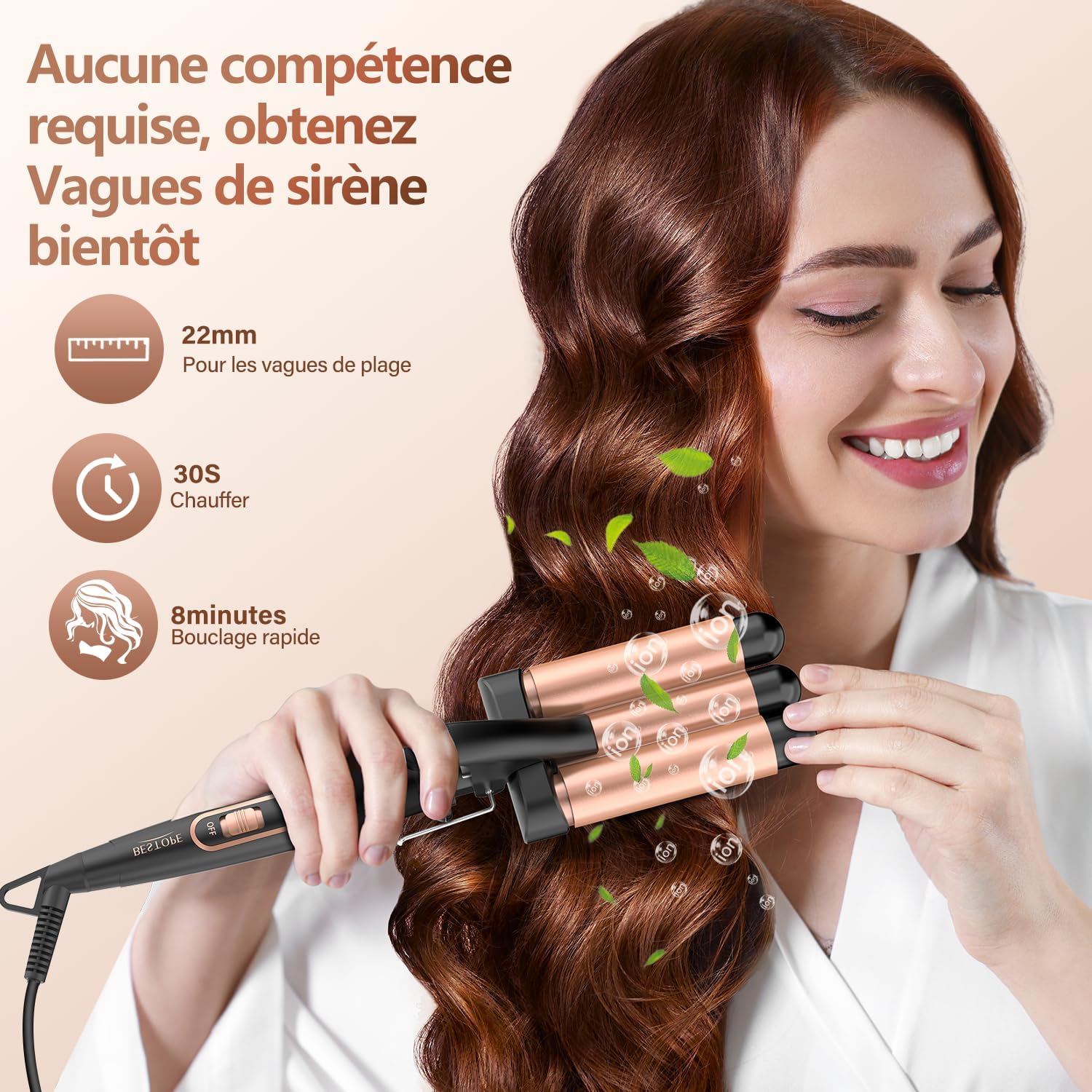 Boucleur 3 Tete Fer a Boucler- 22mm Boucleur a Cheveux en Céramique Fer à Friser 2 Températures, Fer a Onduler Chauffage Rapide pour Cheveux Longs, Courts