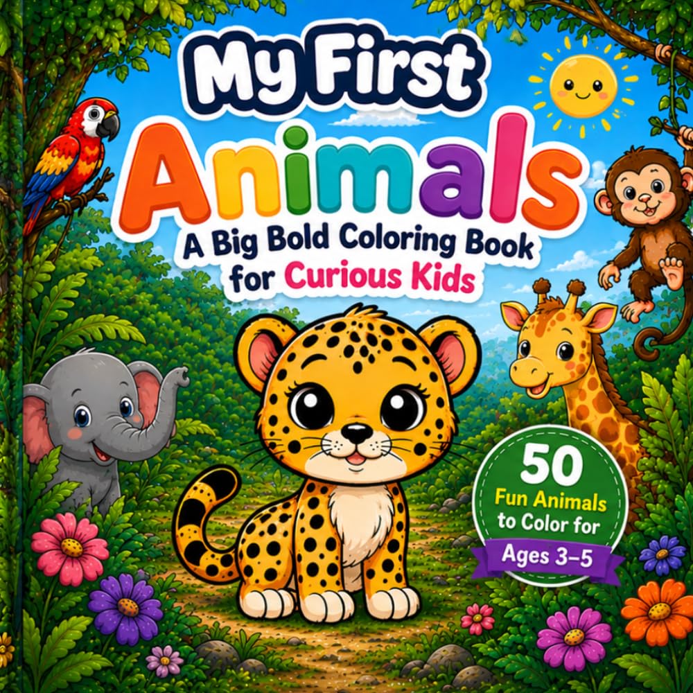 My First Animals: A Big Bold Coloring Book for Curious Kids: 50 Fun Animals to Color for Ages 3–5: Pets, Zoo, Jungle, Ocean Animals Coloring Book