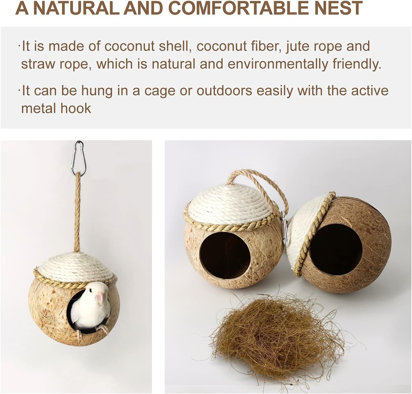 MISS FIRE Bird House with Coconut Woven Straw, Natural Coconut Bird Cage with Woven Cover，Bird Nest for Parrot, Hamster, Squirrel, Rat, Lovebird, Finches : Pet Supplies