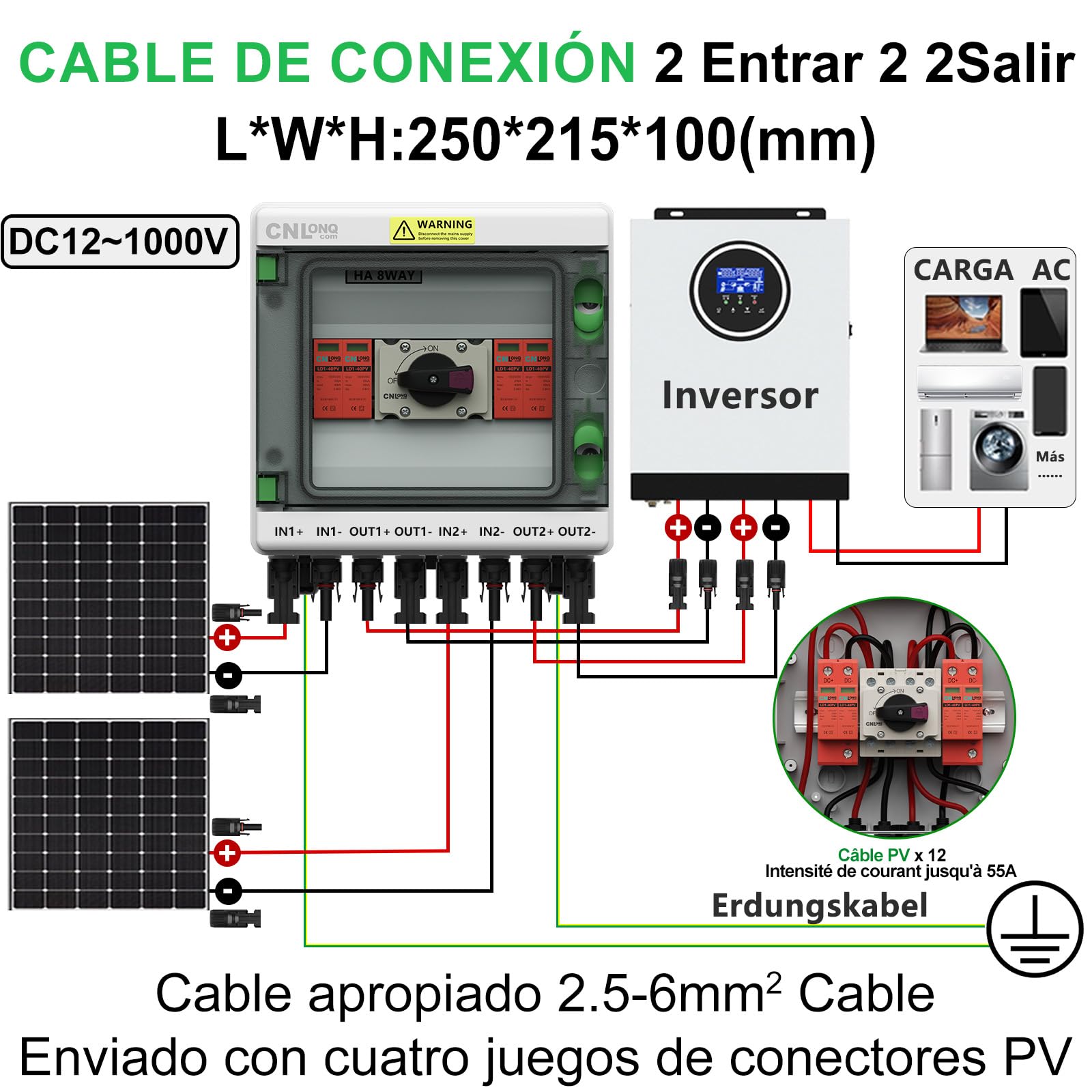 IP65 Caja de Conexiones Solar Fotovoltaica 2 Cuerdas DC1000V 32 Amp Interruptor Disyuntor con Protector de Sobretensión Para Paneles Solares al Aire Libre