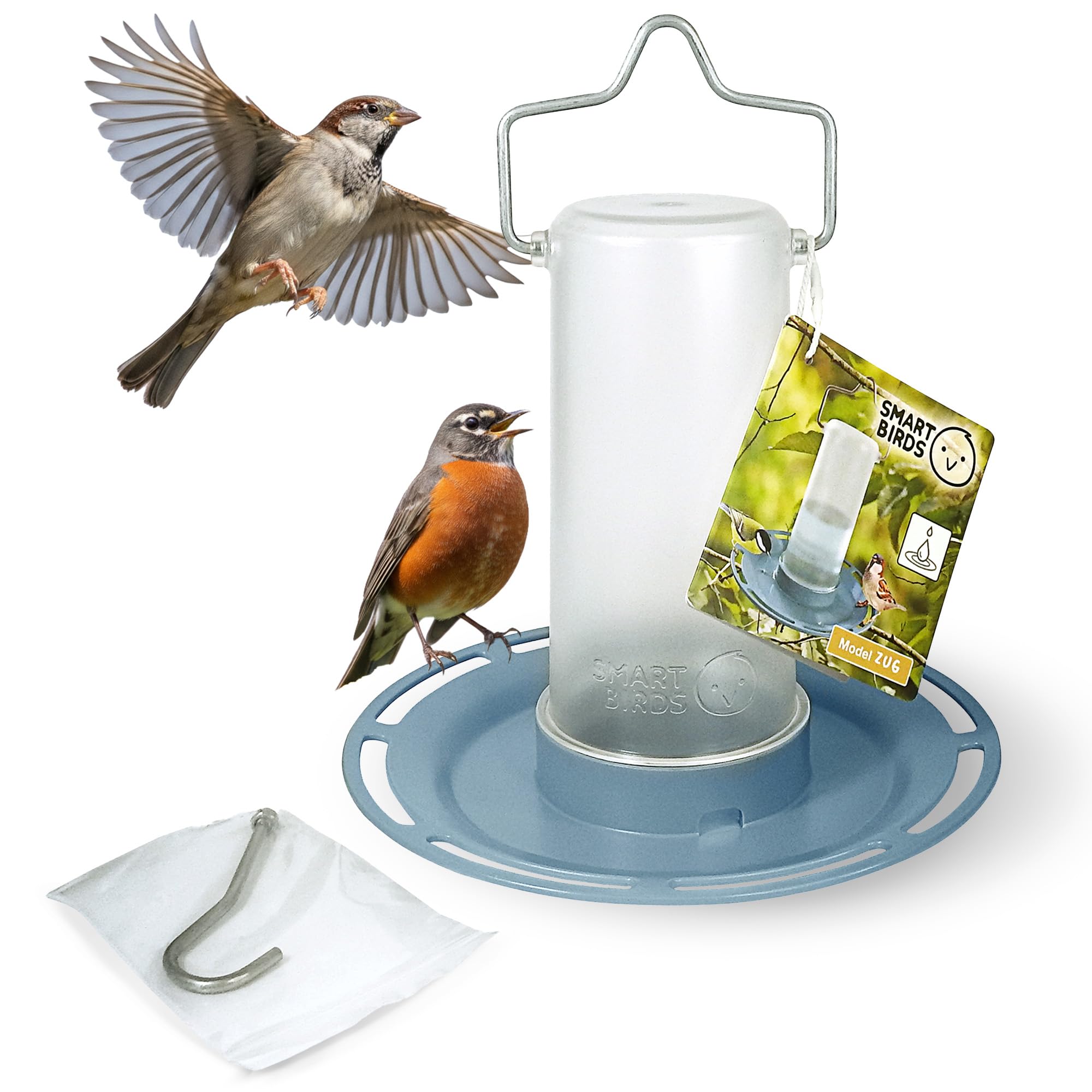 SWISSINNO Abbeveratoio per uccelli Zug SMART BIRDS Azzurro chiaro – Resistente ai raggi UV in plastica PC e ASA – Distributore d’acqua balcone terrazza giardino – Durevole e facile da pulire