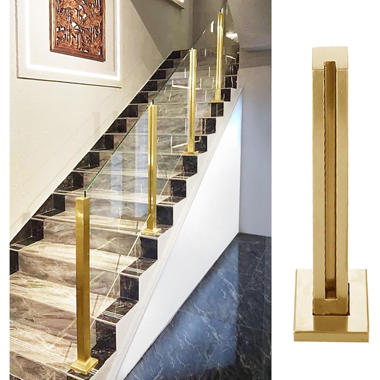 Poteau de garde-corps en verre doré pour terrasse et escalier moderne carré de 135 cm