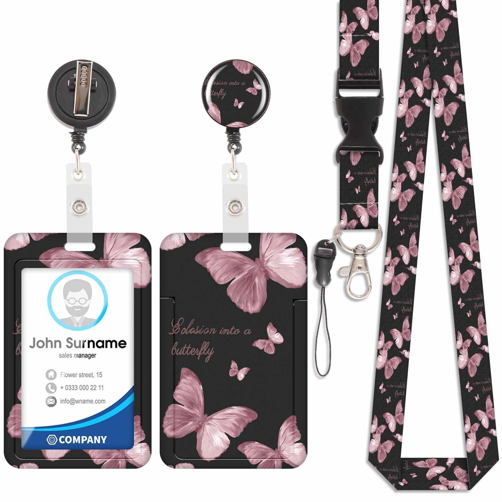 Badge Holder with Lanyard, ID Badge Holders with Detachable Cute Lanyard, Retractable badge Reel Carabiner Clip, Personalized Vertical Card Cover Case Protector for Nurse Teacher Student (Butterfly-2)