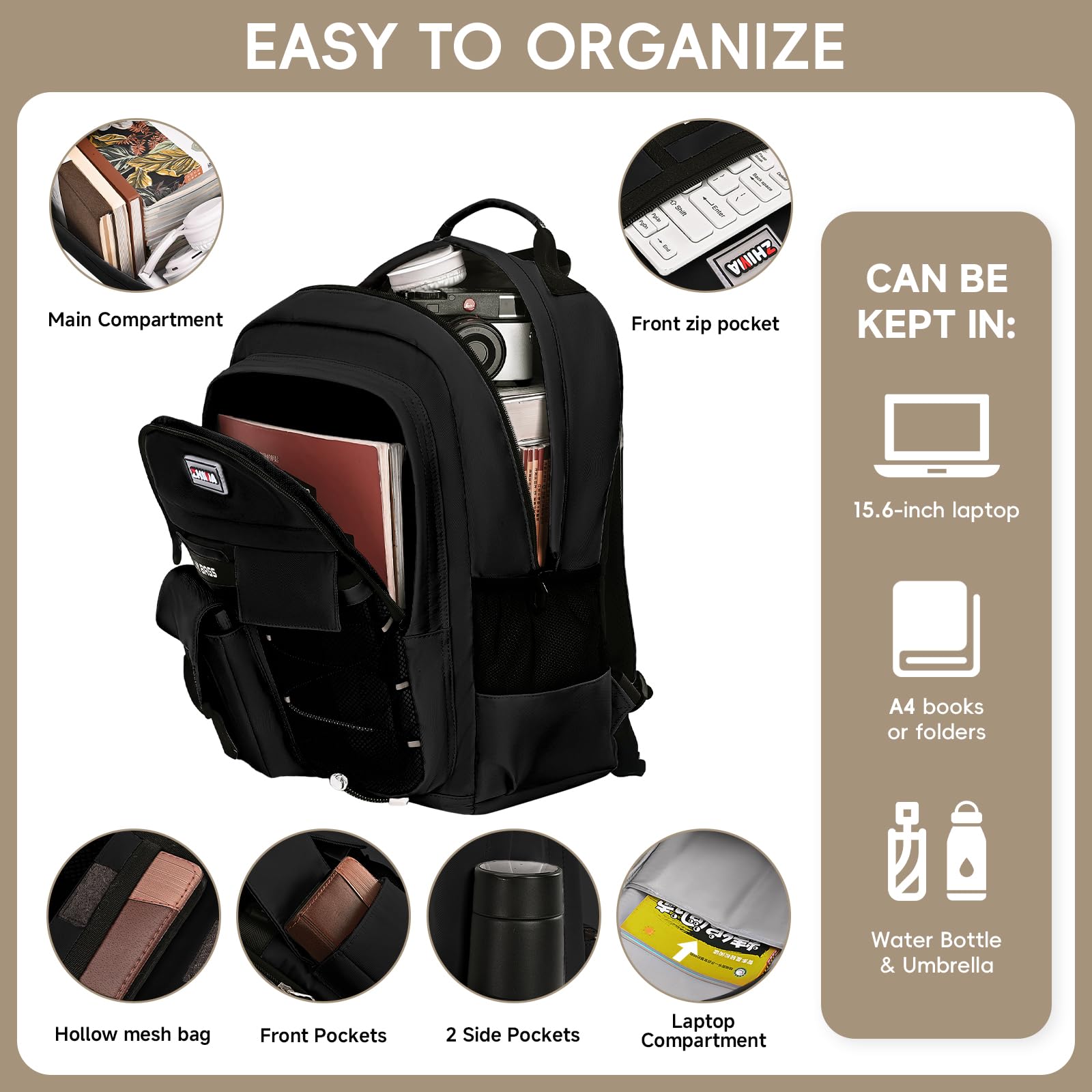 Amythe Schulrucksack Jungen Teenager 29L Wasserabweisend für 15.6" Laptop Schwarz