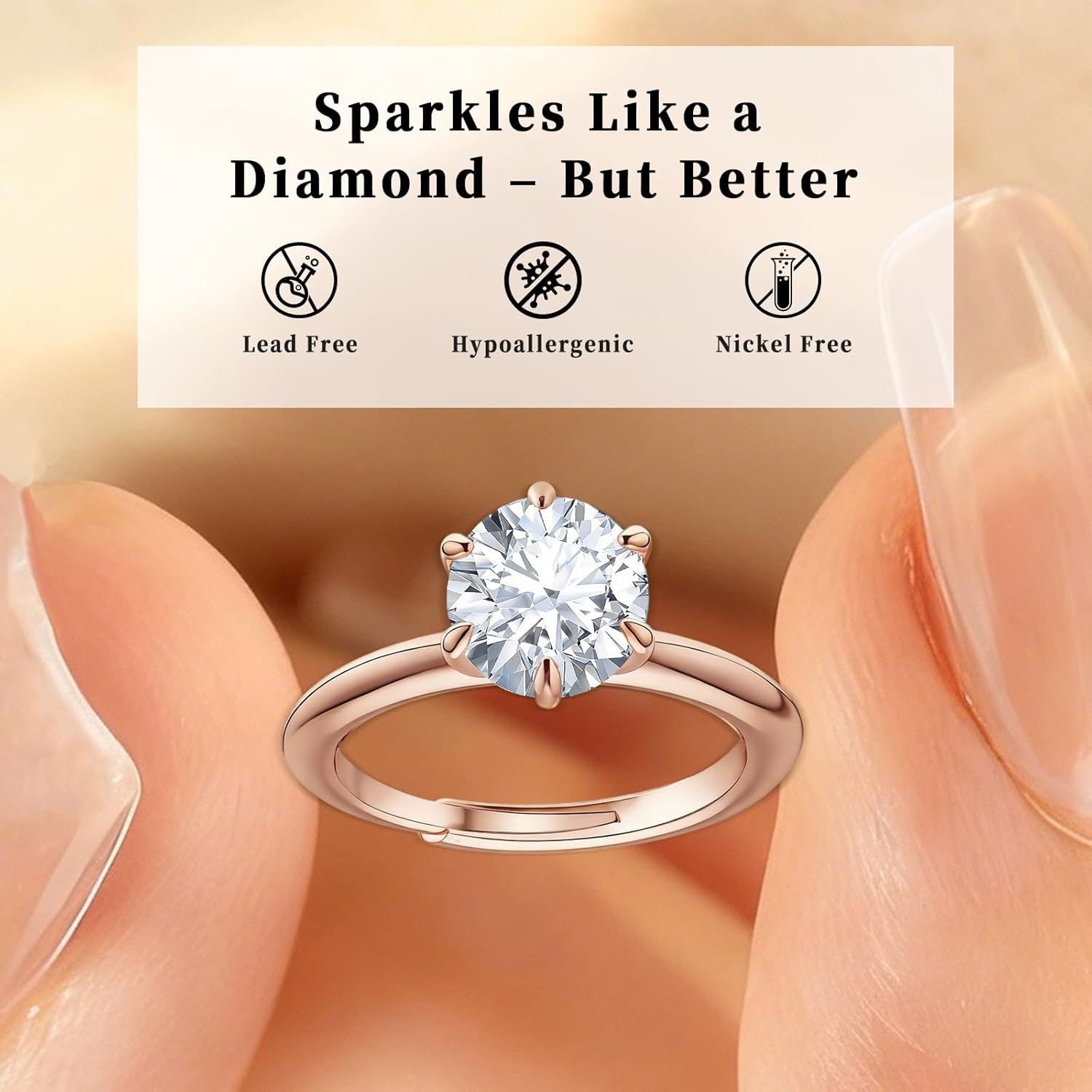 Round Cut Solitaire Engagement Ring for Women, 14K Rose Gold Plated 2.5CT Moissanite Wedding Ring, Classic 6 Prong Promise Ring，Wedding & Anniversary Jewelry Gift Adjustable Ring 4-10