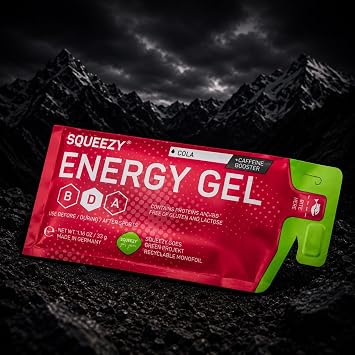 Squeezy Energy Gel Box Cola+Koffein (12x 33g) – Sport Gel für Ausdauer schnelle & langanhaltende Energie – Laufen Marathon Radsport – Vegan magenfreundlich ohne künstliche Zusatzstoffe