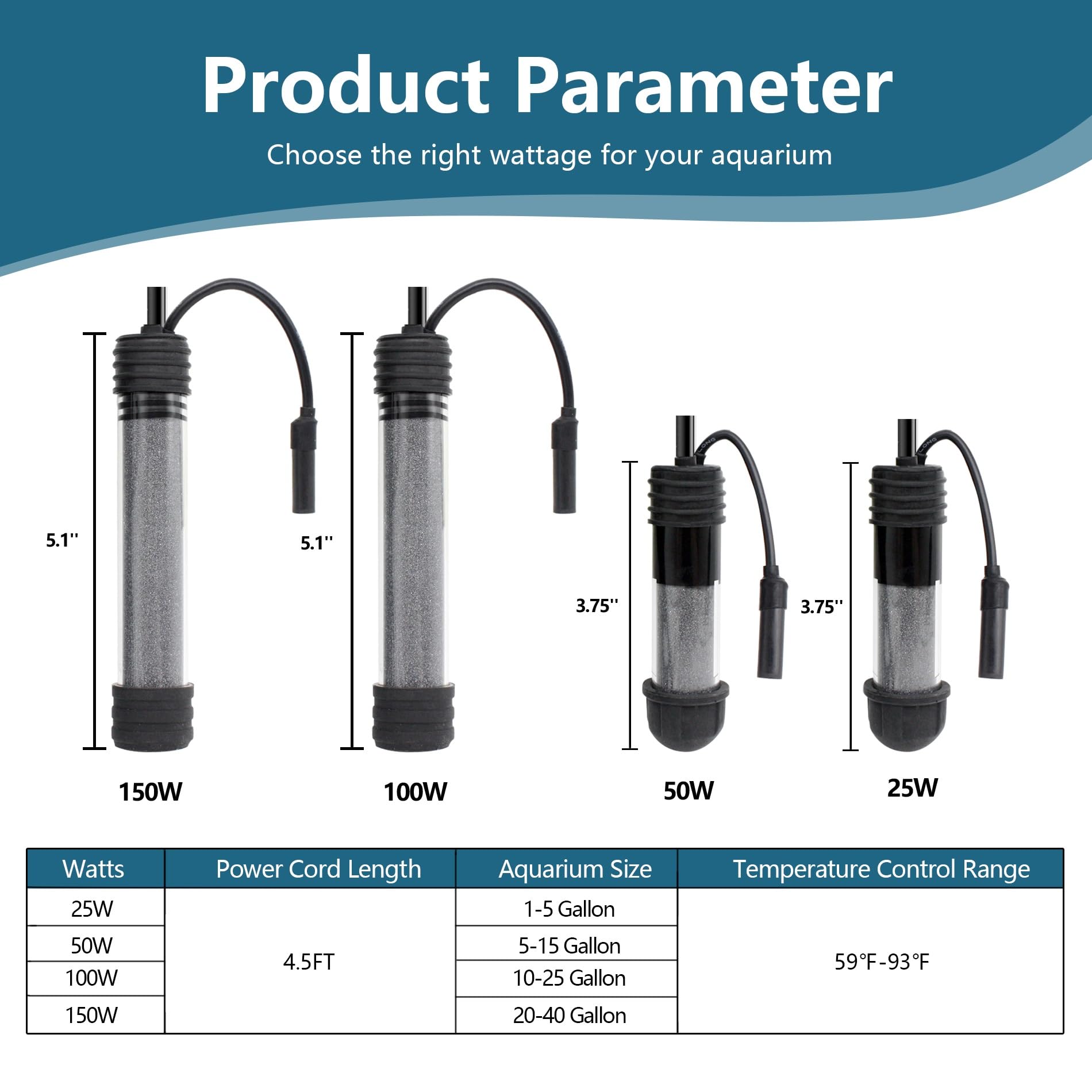 Petit chauffage d'aquarium submersible de 150 W avec sonde de température intelligente et contrôleur de température à double affichage LED pour 78 à 125 litres, convient pour l'eau salée et l'eau