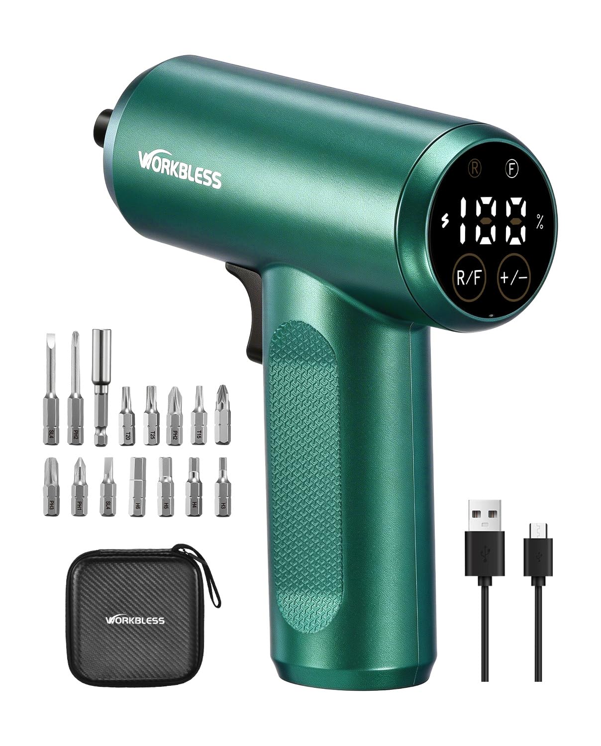 WorkBless Cordless Screwdriver, 3.7V Electric Screwdriver with LCD Touchscreen Display, 8 Torque Settings, Includes 15Pcs Bits with Carry Bag, USB