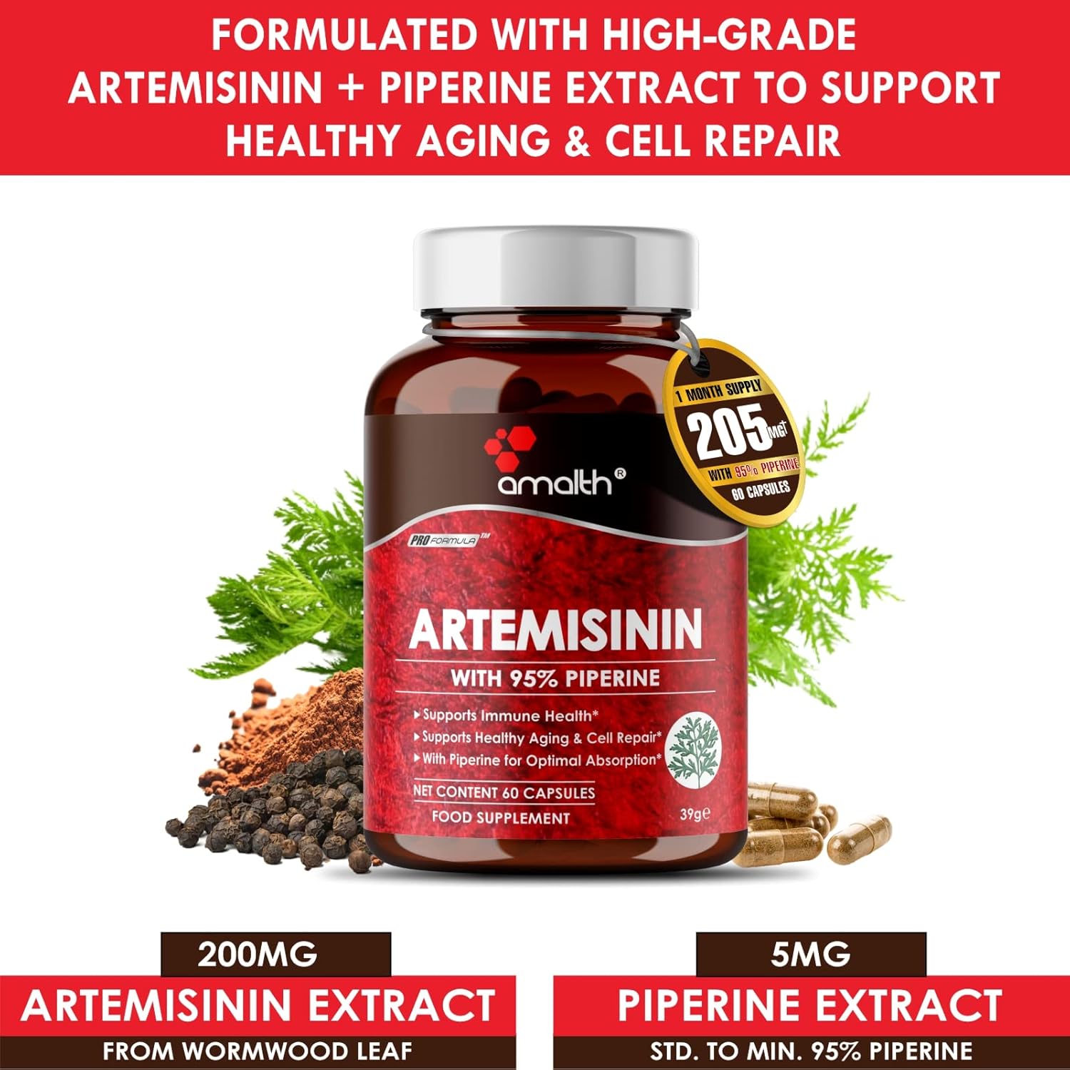 Artemisinin or Artemisia Absinthium 205mg Extract 60 Capsules Vegan