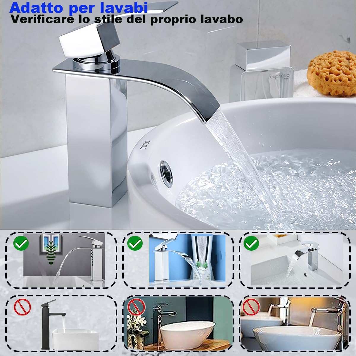 XWIHTR Rubinetto da bagno a cascata, rubinetto per lavabo, rubinetto per lavabo a una maniglia; bocca calda e fredda, silenzioso, rubinetto da bagno in ottone in acciaio inox (cromo)