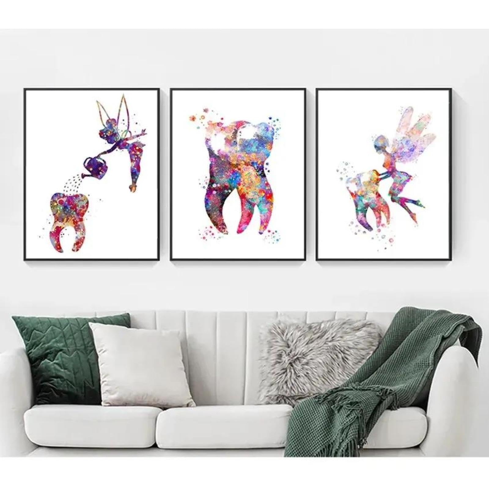 Baibexing Watercolor Dental Art Canvas Print Teeth Wall Pictures Tooth Fairy Clinic Decor Hygienist Poster For Dental Office Home Decor 21X30Cmx3Pcs Unframed