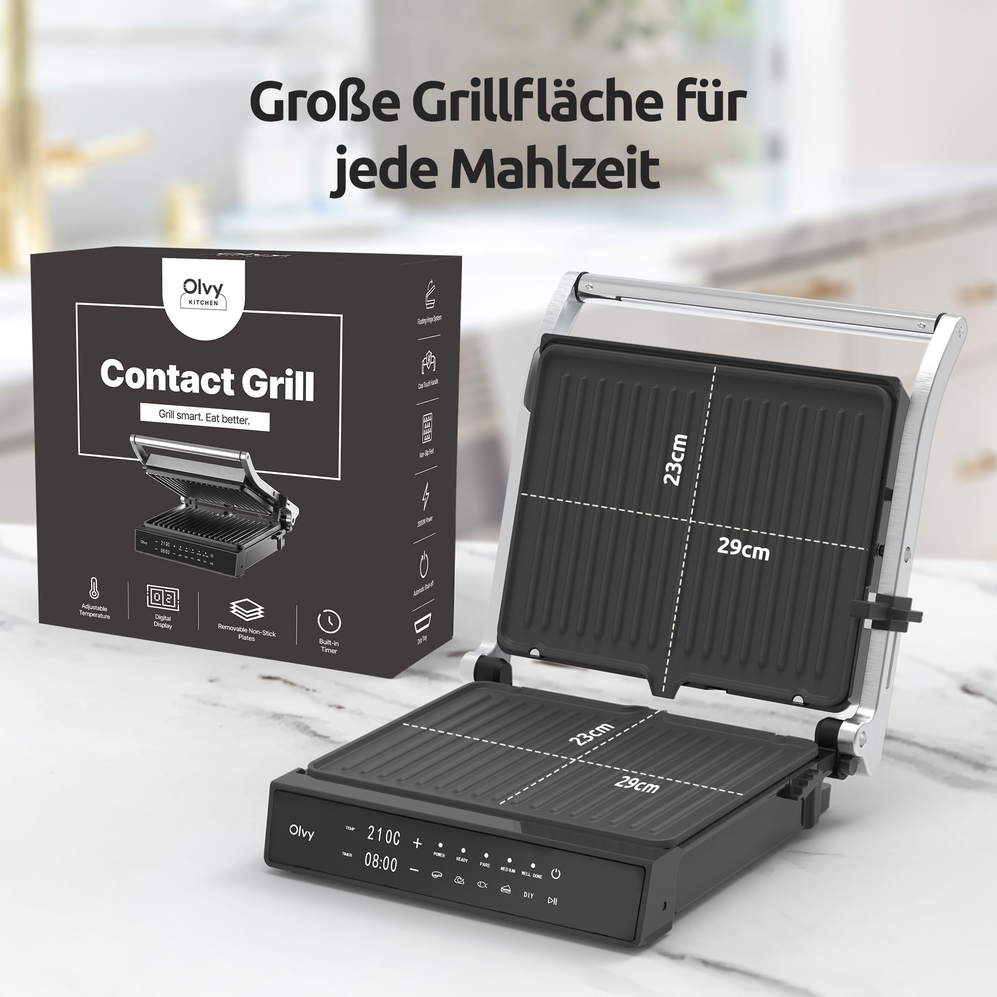 Olvy Kontaktgrill mit Touchscreen – PFAS-frei – 5 Automatische Programme – 180° Öffnung, 2000 W – Abnehmbare Antihaftplatten – Thermostat & Timer – Panini, Sandwich, Steak & Gemüse