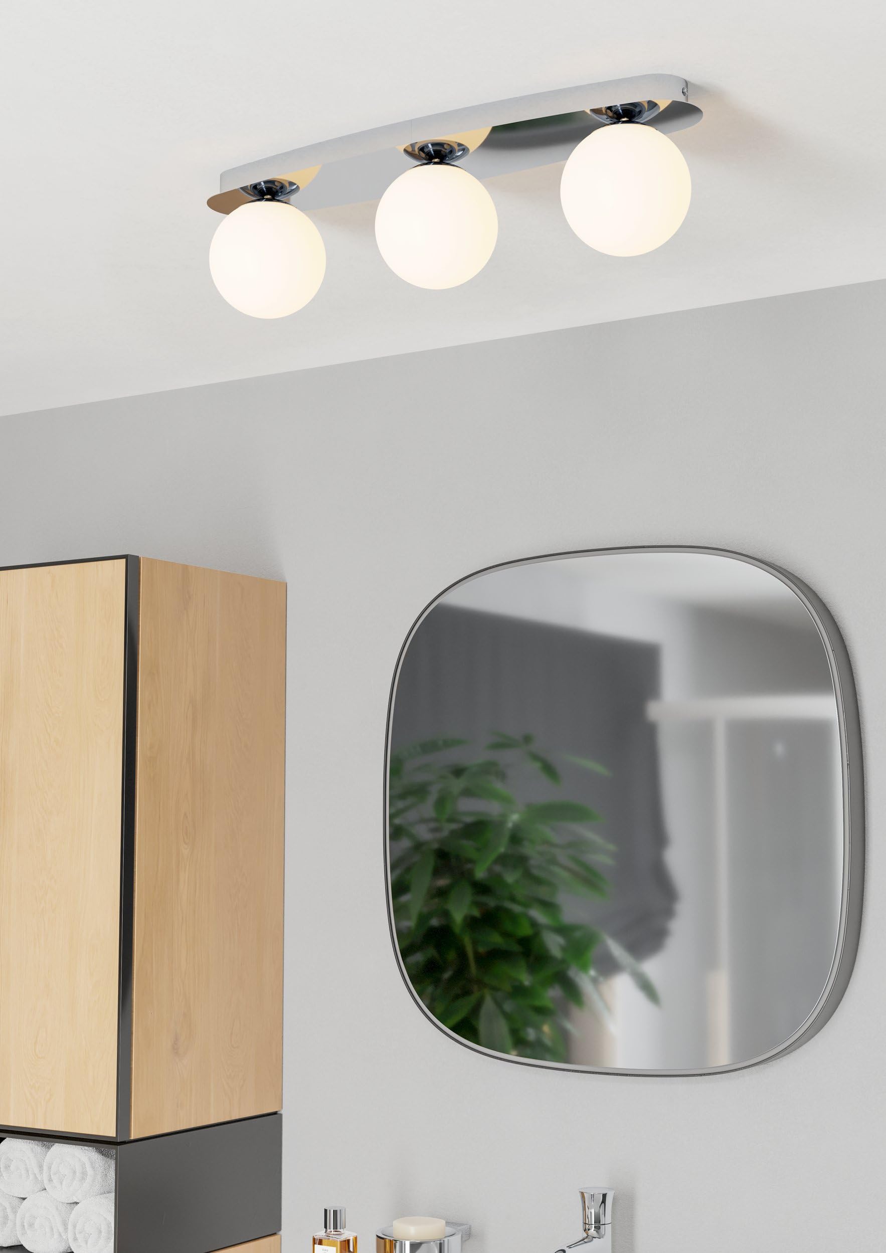 Eglo LED lámpara de pared Castrivido, aplique baño 3 luces, iluminación | de baño de metal cromado con globo de vidrio blanco, incluye bombillas G9 luz cálida, IP44