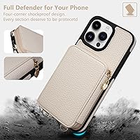Vista 7 de Keallce Funda compatible con iPhone 15 Pro Max de 6.7 pulgadas, cremallera cruzada con ranuras para tarjetas de bloqueo RFID, soporte, cordón y Beige