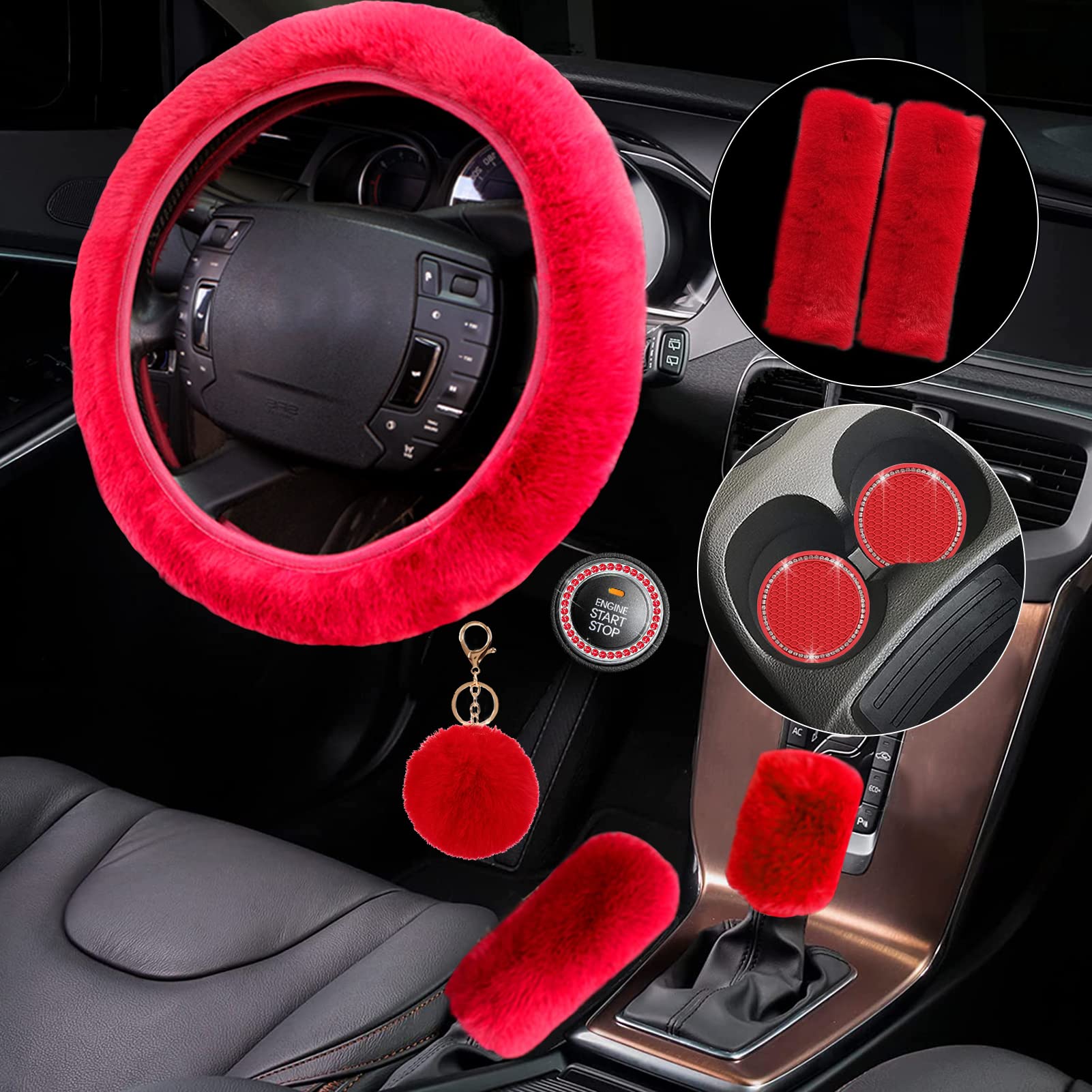 WenMei 1 Set 9 Pieces Fluffy Car Accessories Set, Includes Fluffy Fuzzy Steering Wheel Cover Set Seat Belt Cover Rhinestone Ring Sticker Plush
