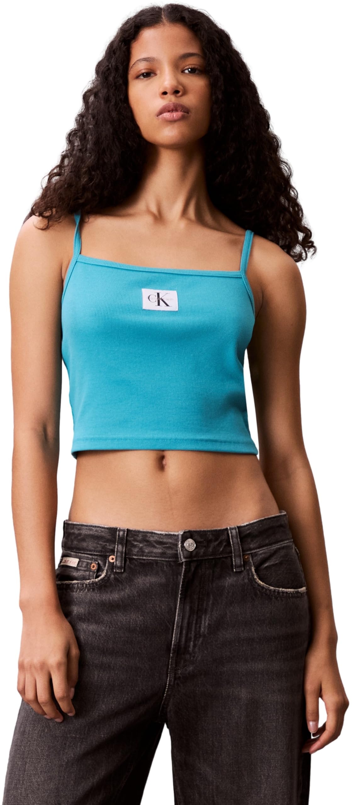 Calvin Klein Women’s Woven Label Rib Tank Top, Turquoise (Tuscan Teal), XS