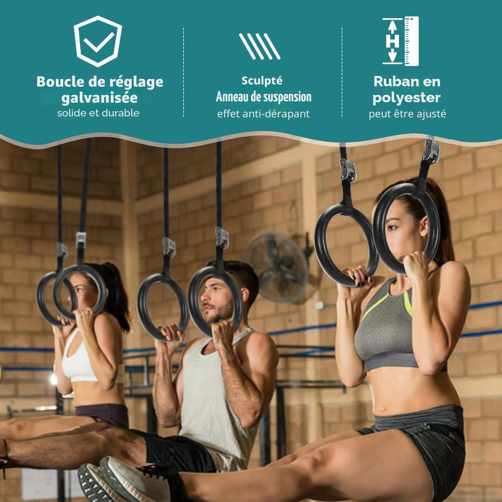 CIMOYBAI Anneaux de gymnastique en plastique ABS avec sangles réglables pour la pratique de la gymnastique, des tractions et de la musculation, diamètre 28 mm