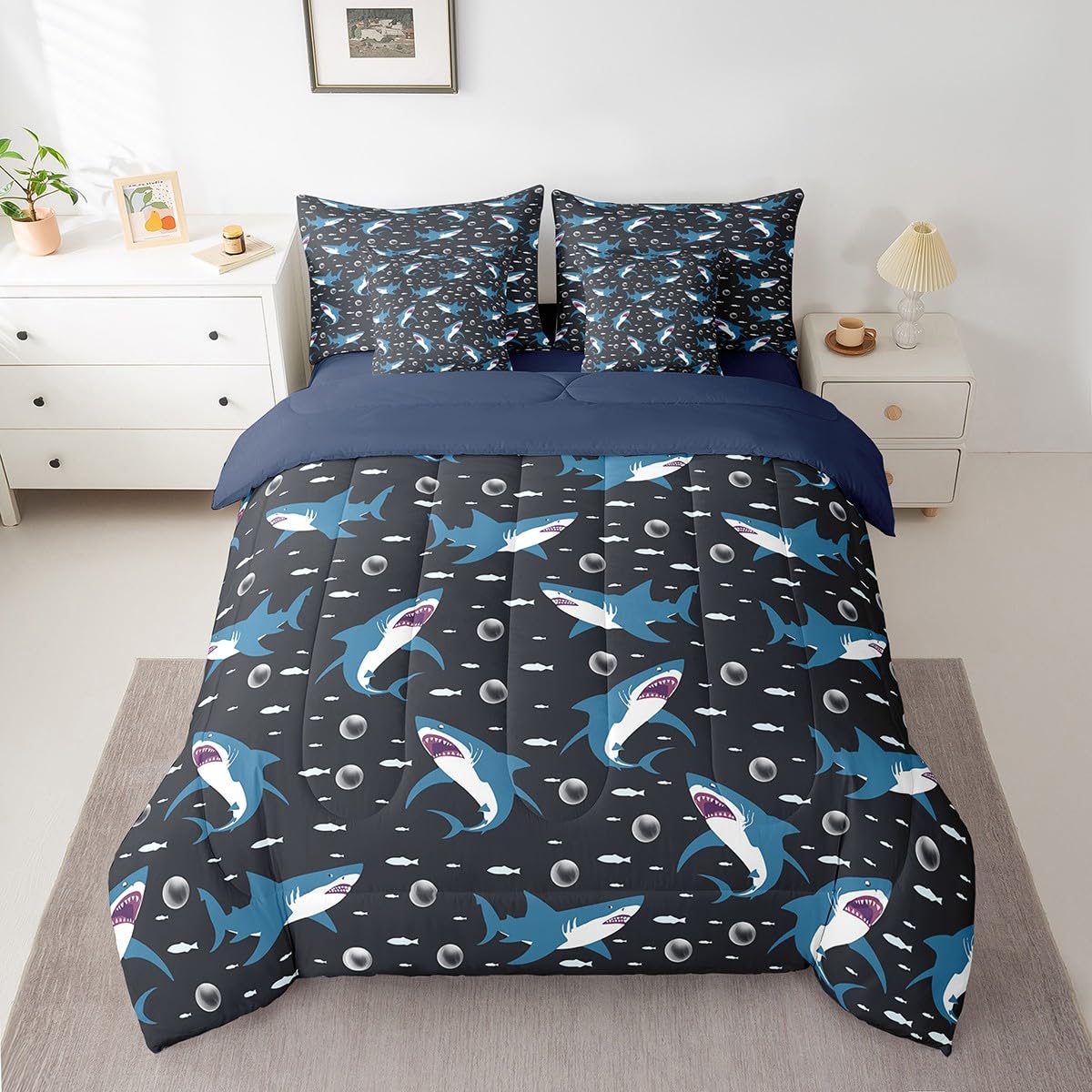 Feelyou Shark 7 Pieces Bedding Set Queen Size, Cute Shark Comforter Set with Sheets for Kids Boys Girls Cartoon Shark Bed in A Bag Shark Ocean Bed Set 7Pcs