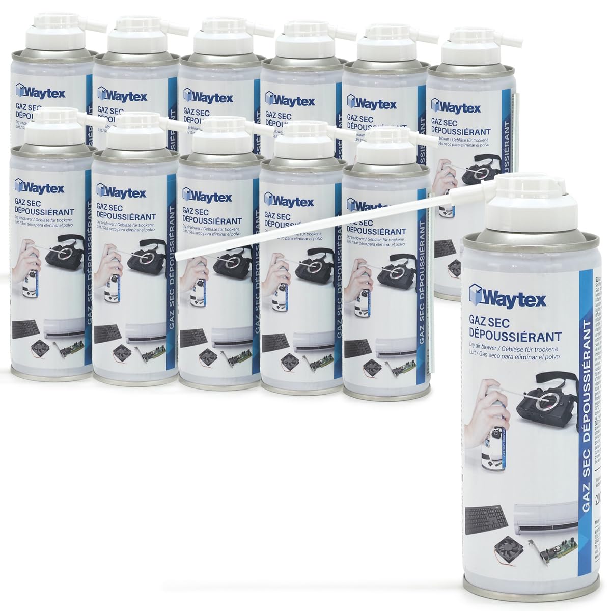 Confezione da 12 bombolette per spolverare aria secca 5 bar, 200 ml, pulizia elettronica potente per tastiere, PC, dispositivi, griglie di ventilazione con tubo flessibile