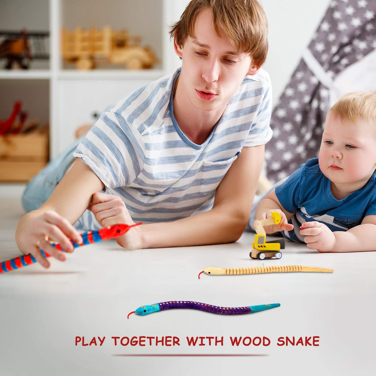 BBTO 10 Pieces Wooden Snake Unfinished Wooden Wiggly Snake Jointed Flexible Wooden Snake with 12 Colors Acrylic Craft Paint and Paint Brush for Arts and Crafts Halloween Party Decoration