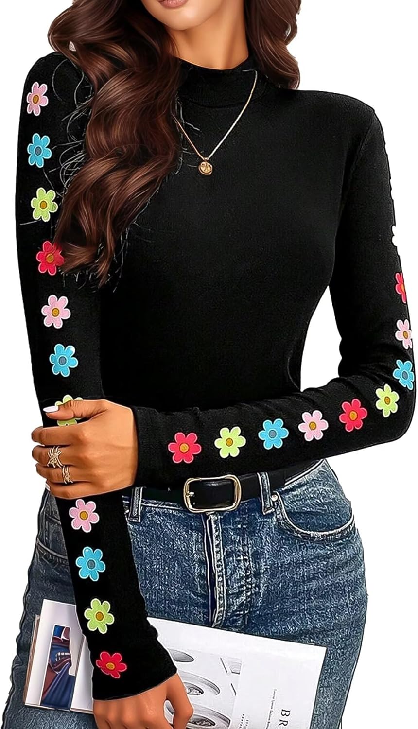 Flamingals Womens Mock Neck Tops Casual Floral Pattern Long Sleeve Turtleneck Going Out Tops Tight Basic Tee Shirts