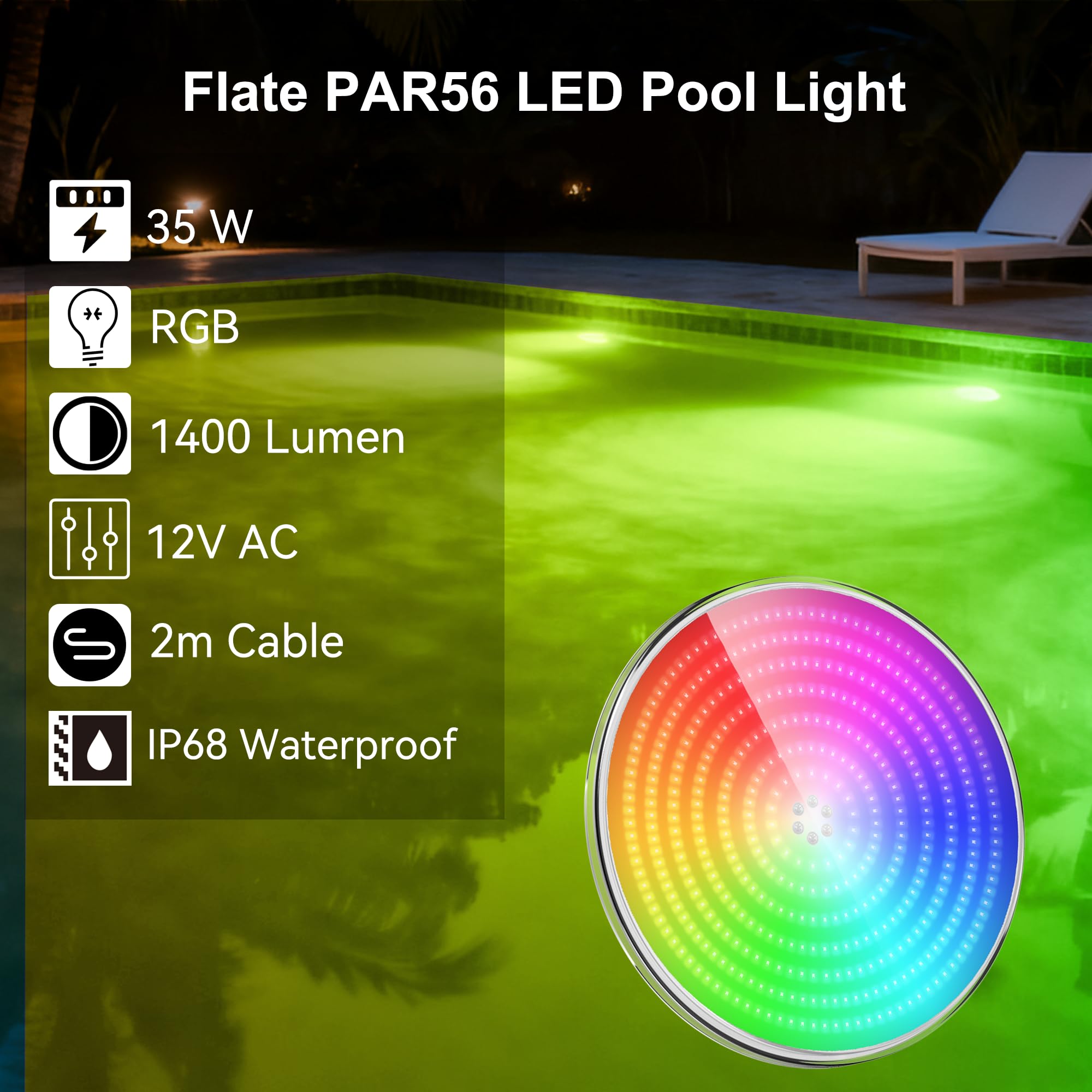 LyLmLe żywica wypełnione płaskie LED Basen światło, PAR56 35W RGB podwodne światło Multicolor Synchronizacja zewnętrzna z pilotem, 140 ° kąt wiązki, IP68 wodoodporny, 12V AC (2 lampy)