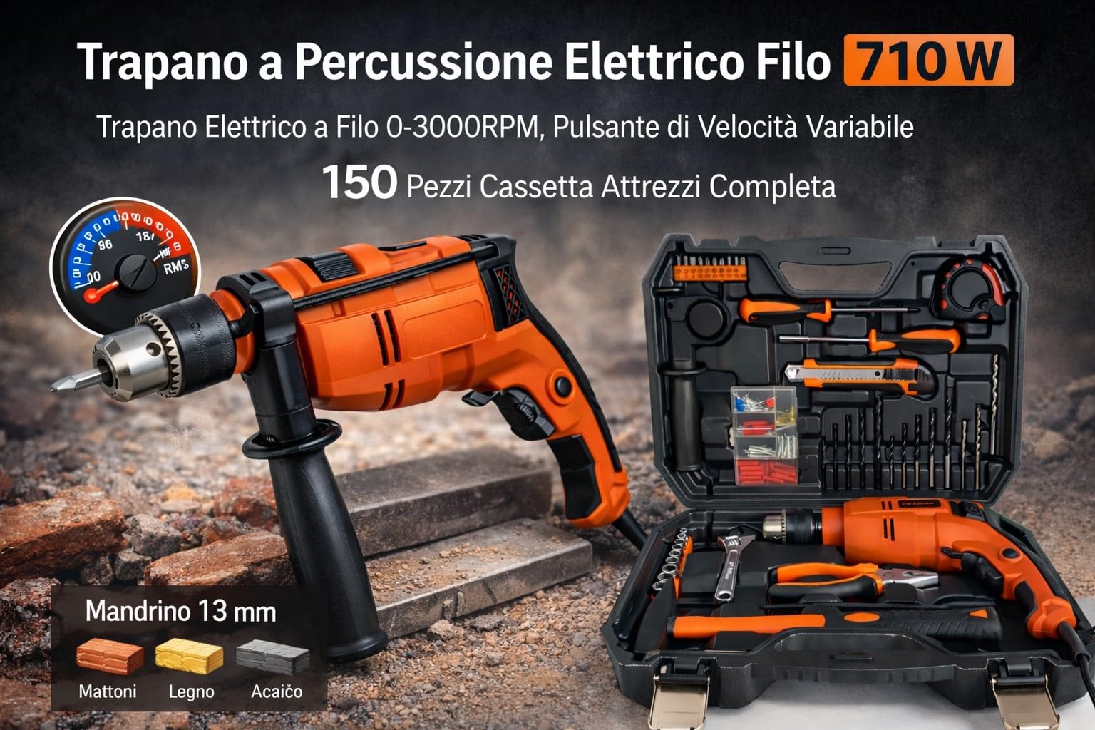 Trapano Avvitatore a Percussione 710W Trapano Elettrico Mandrino 13mm Velocità Variabile 0-3000 RPM per Legno Metallo Muratura con 150 Accessori in Valigetta
