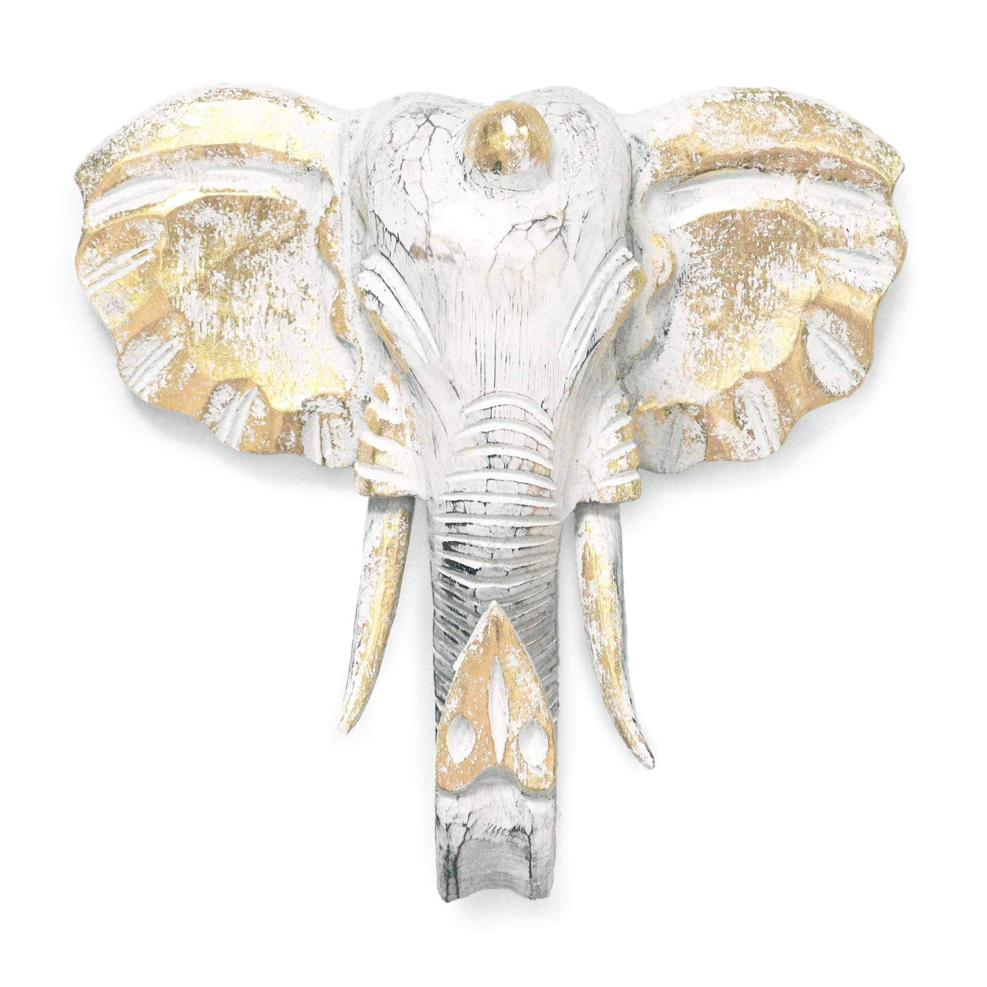 Wooden Carved Elephant Large Elephant Head Gold & Whitewash